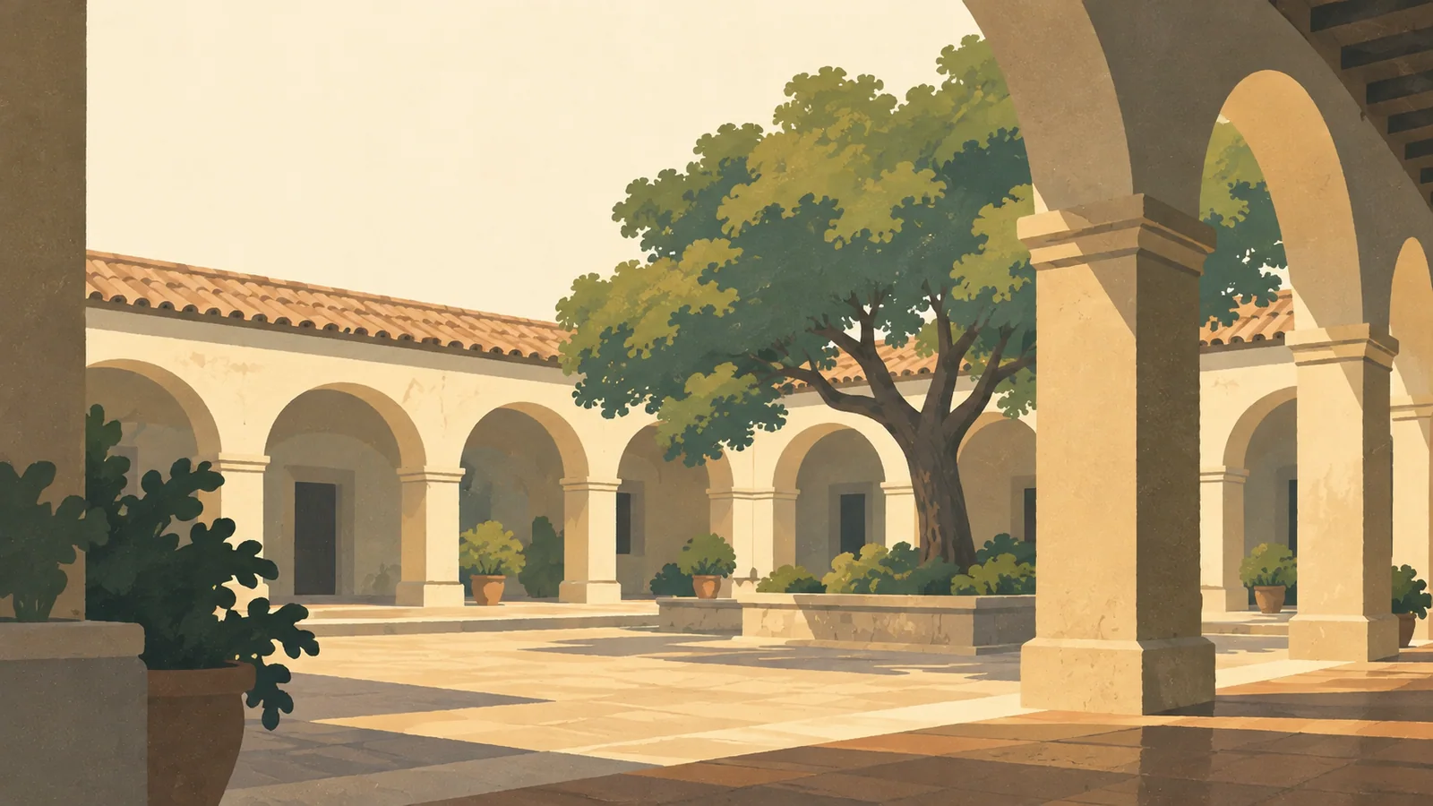 Flat gouache illustration of Córdoba: Córdoba's seventeenth-century university Jesuit cloister, seen from INSIDE its sober shaded stone arcade around a small rectangular courtyard and one broad tree.