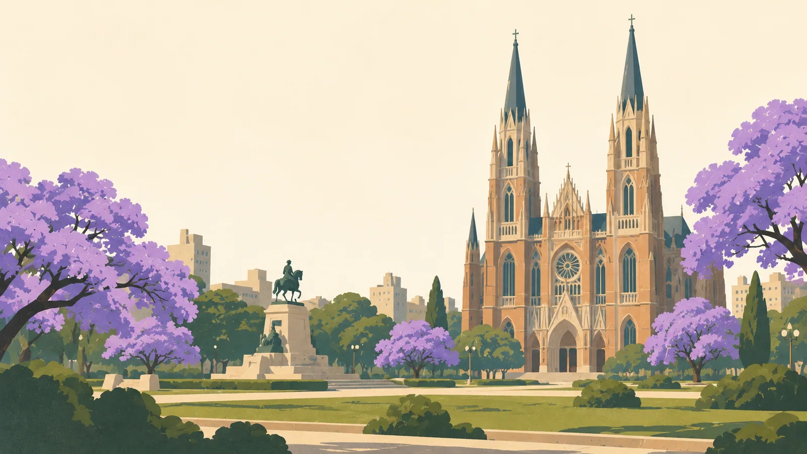 Flat gouache illustration of La Plata: La Plata's brick neo-Gothic cathedral with its twin narrow spires across the open Plaza Moreno lawn.