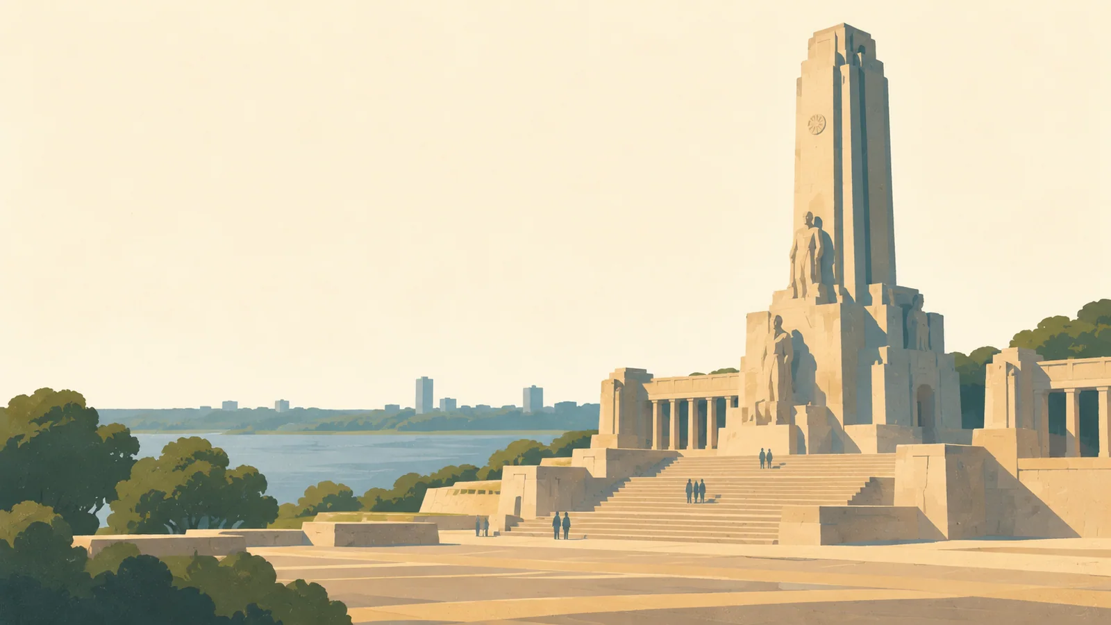 Flat gouache illustration of Rosario: Rosario's National Flag Memorial tower and broad geometric ceremonial steps in warm limestone planes, small visitors beneath, low frontal civic view.