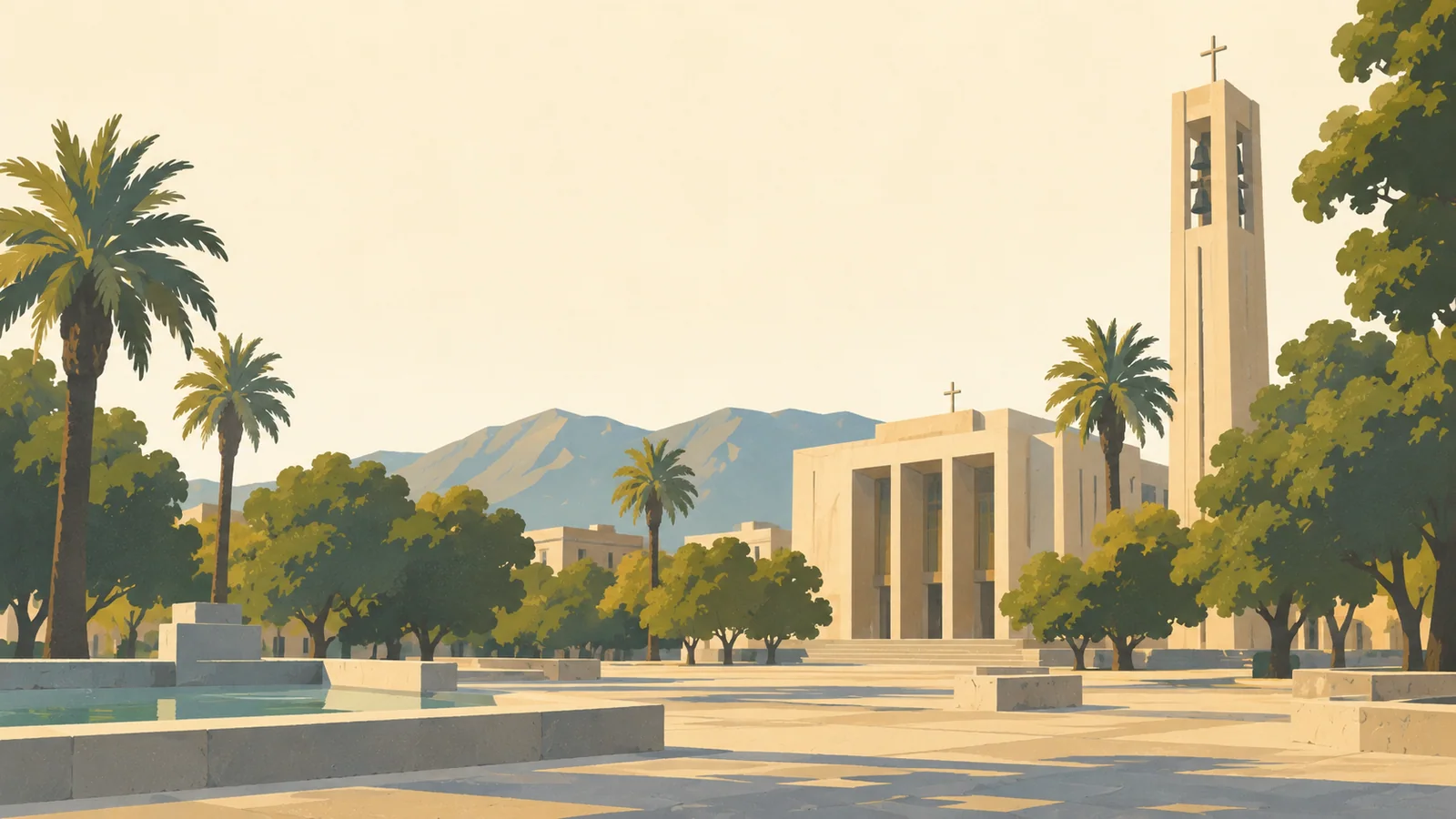 Flat gouache illustration of San Juan: San Juan's modern cathedral campanile, pale geometric facade and shaded Plaza 25 de Mayo.