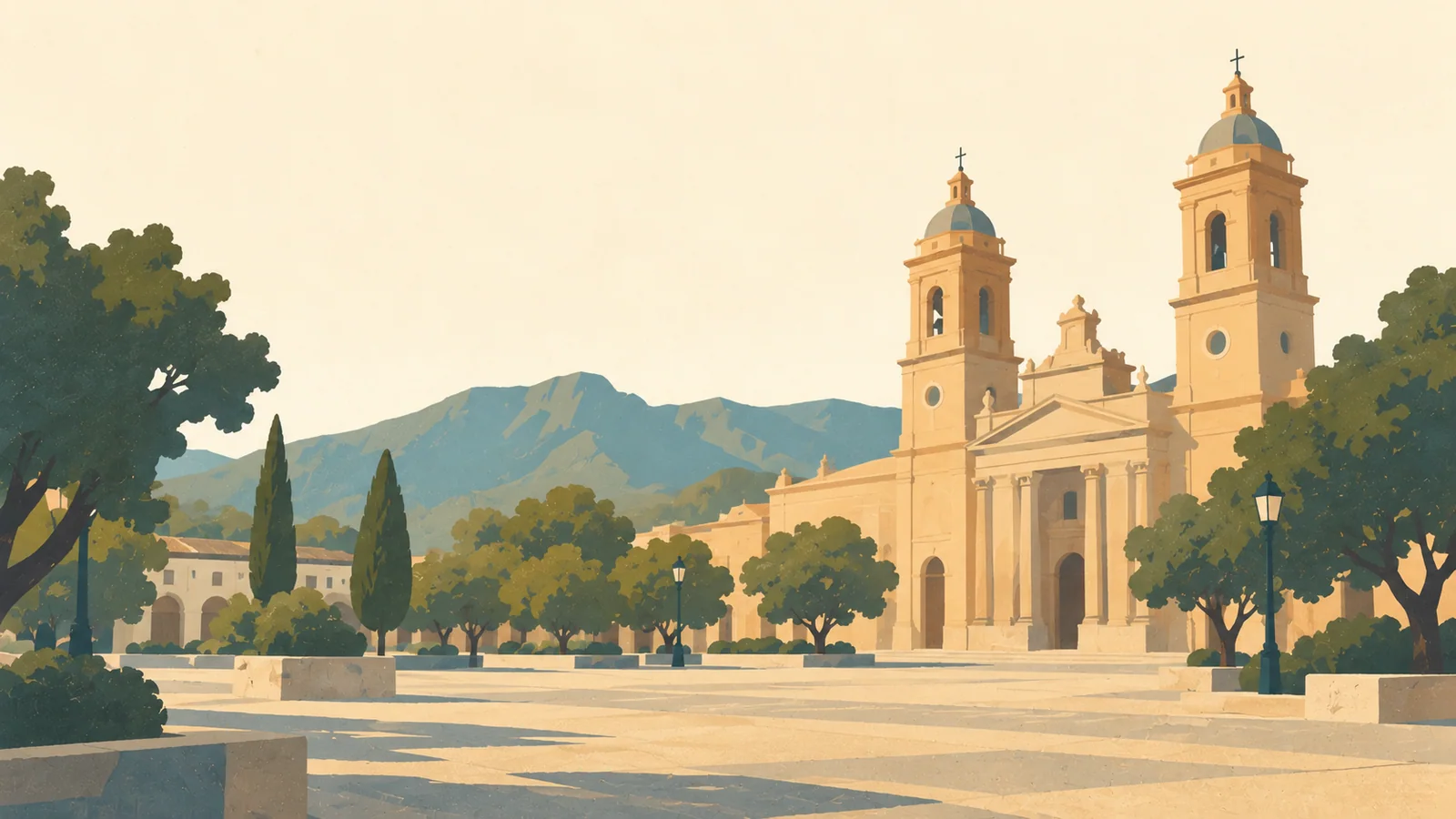 Flat gouache illustration of San Luis: San Luis cathedral's ochre portico and paired towers across Plaza Pringles, a wide quiet pedestrian foreground and distant low Sierra silhouette.