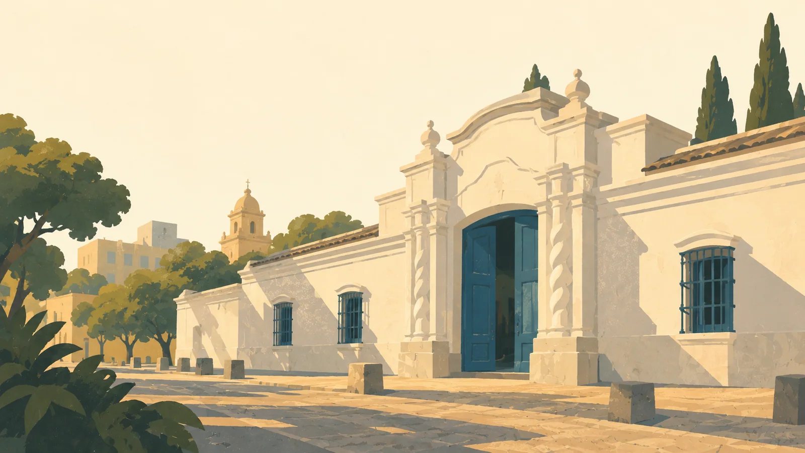 Flat gouache illustration of San Miguel de Tucumán: The low white facade and sculptural blue doors of Tucumán's Casa Histórica, close diagonal pedestrian street view with deep ochre afternoon shadows.
