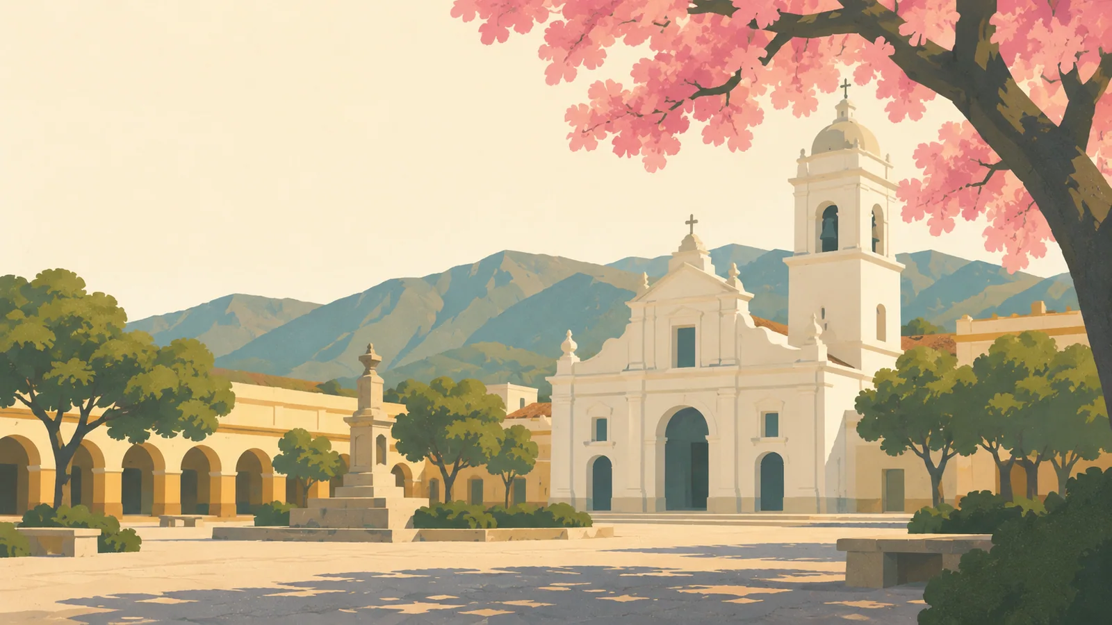 Flat gouache illustration of San Salvador de Jujuy: Jujuy's white cathedral and tiled colonial arcade on Plaza Belgrano, framed beneath one broad flowering lapacho tree.