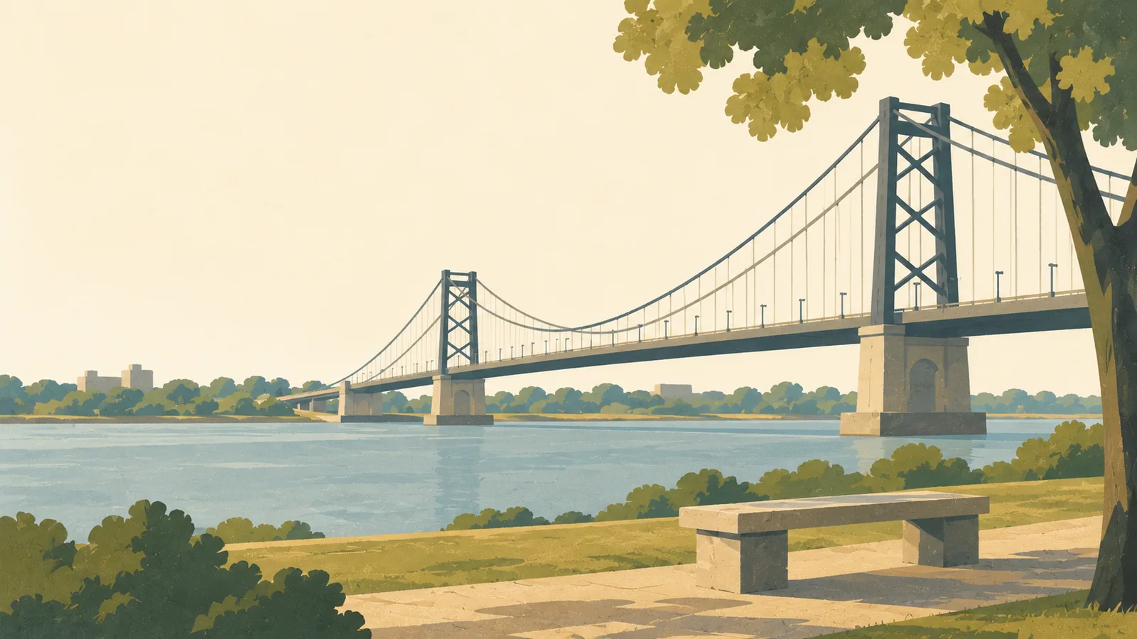 Flat gouache illustration of Santa Fe: Santa Fe's Puente Colgante suspension bridge with its two slender dark iron pylons and broad suspended road deck across the Setúbal lagoon, viewed low from the quiet grassy Costanera promenade.