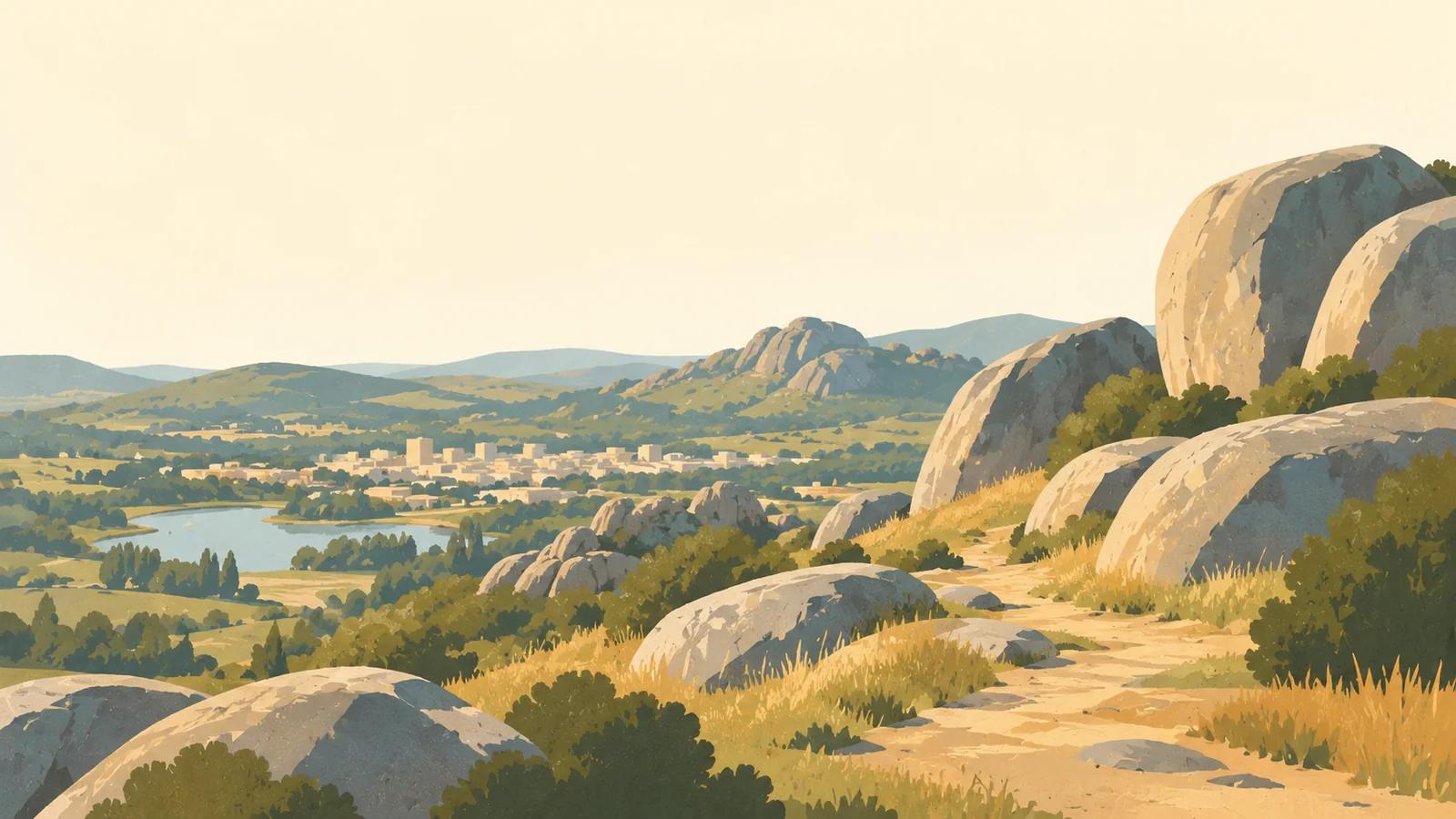 Flat gouache illustration of Tandil: Tandil's rounded granite boulders on a grassy sierras walking trail, a small town lying low in the distance.