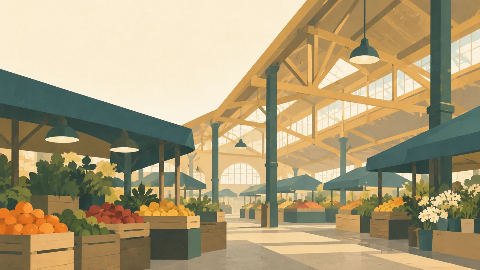 Flat gouache illustration of Adelaide: Adelaide Central Market interior: generous ochre roof trusses, a few simplified fruit stalls and deep teal awnings.