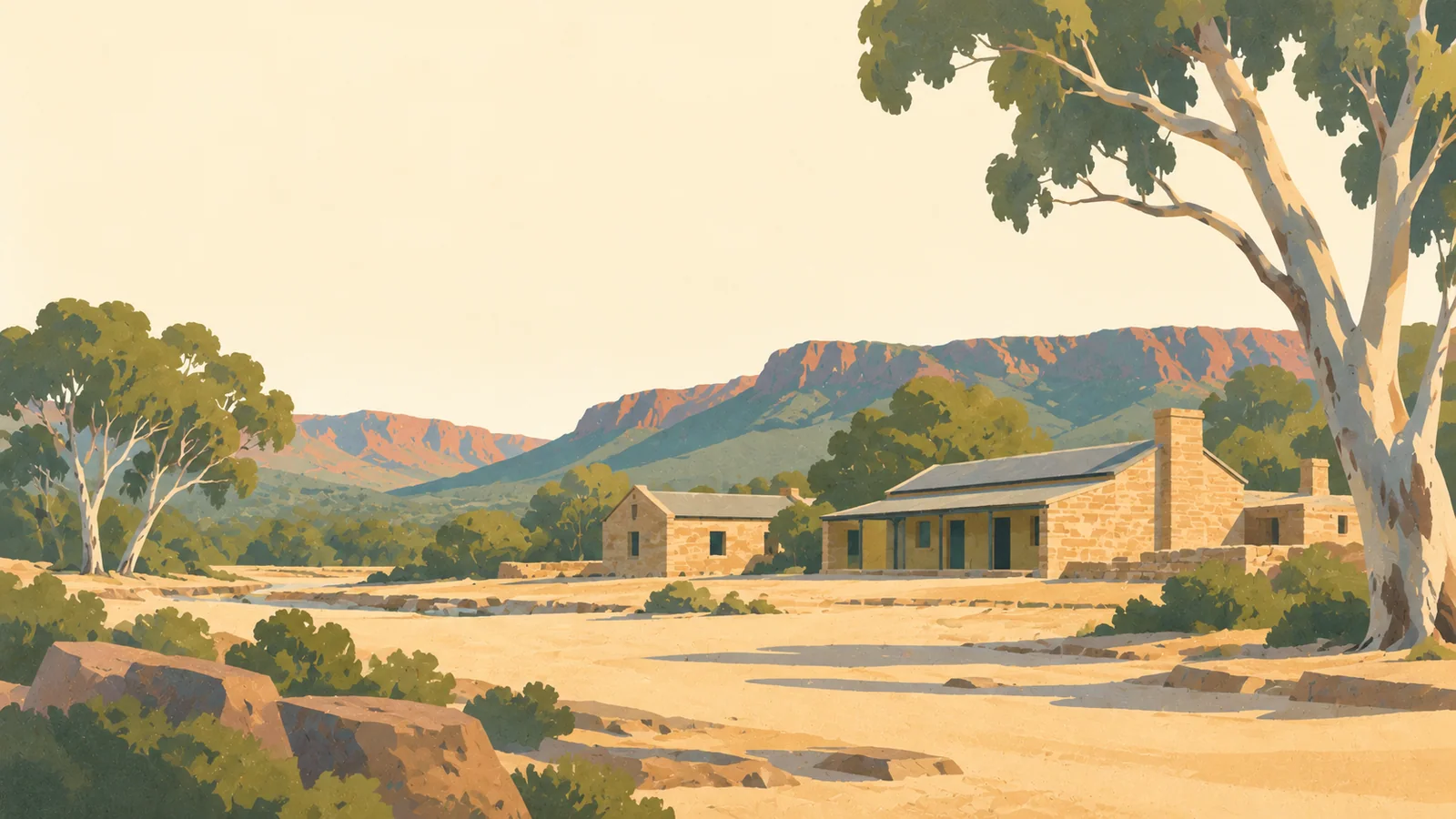 Flat gouache illustration of Alice Springs: The old Alice Springs Telegraph Station's low sandstone buildings beside a broad dry sandy riverbed and ghost gums.