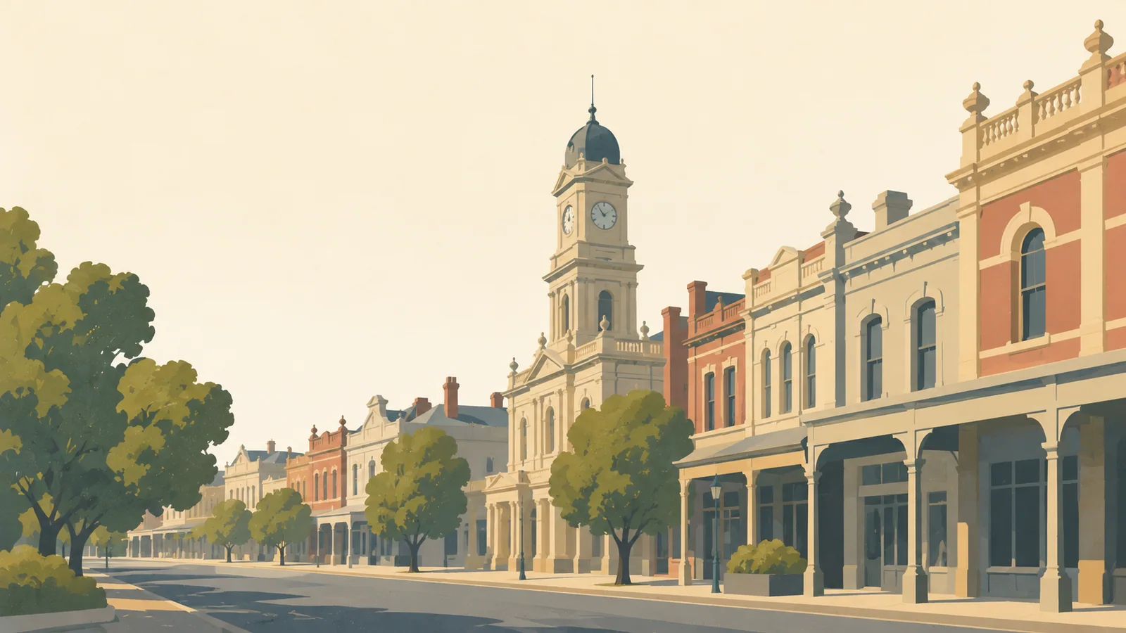 Flat gouache illustration of Ballarat: Ballarat's Lydiard Street Victorian facades and civic clock tower in broad cream and brick planes.