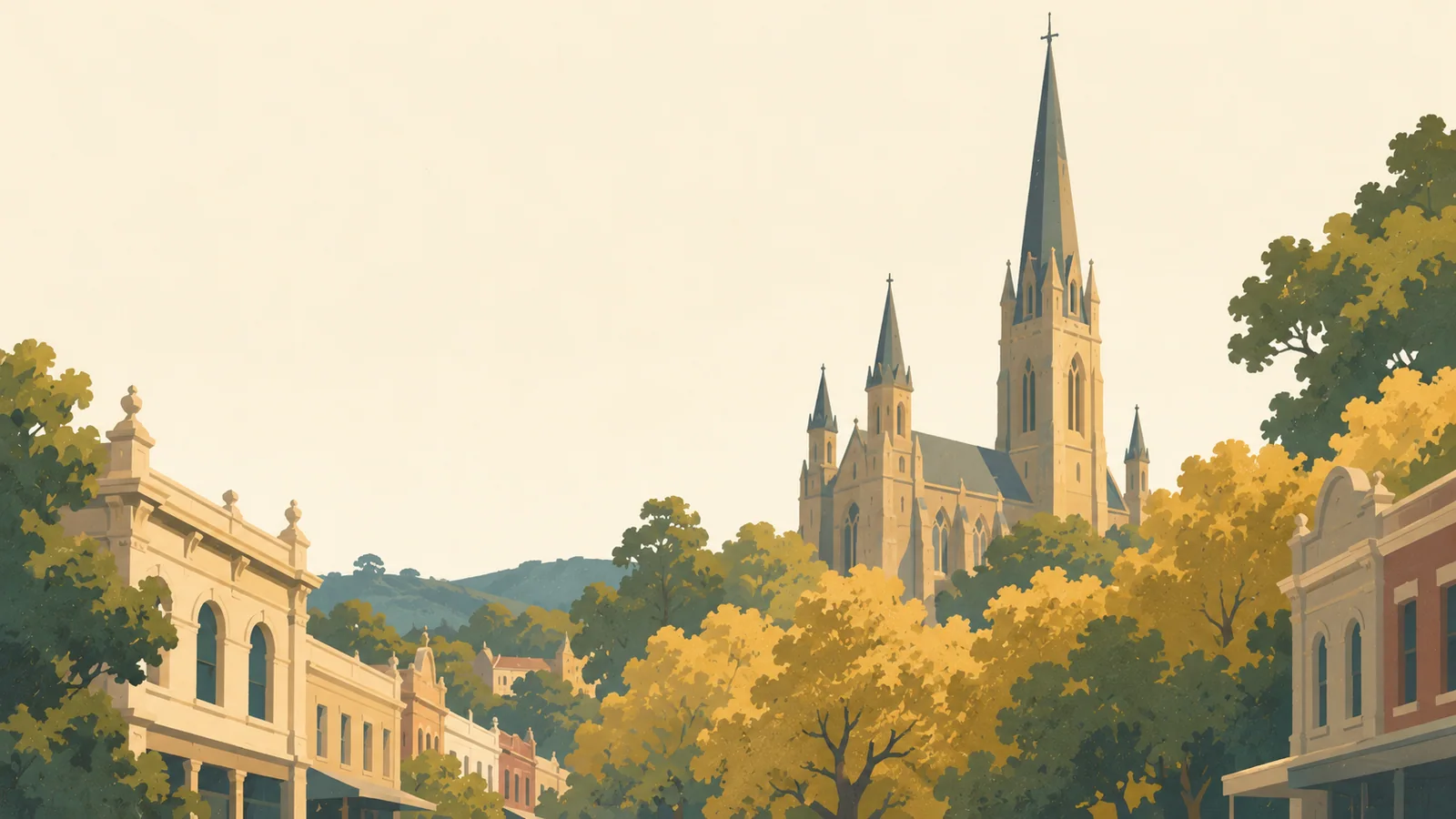 Flat gouache illustration of Bendigo: Bendigo's Sacred Heart Cathedral spire rising above broad golden elm masses and a heritage street.