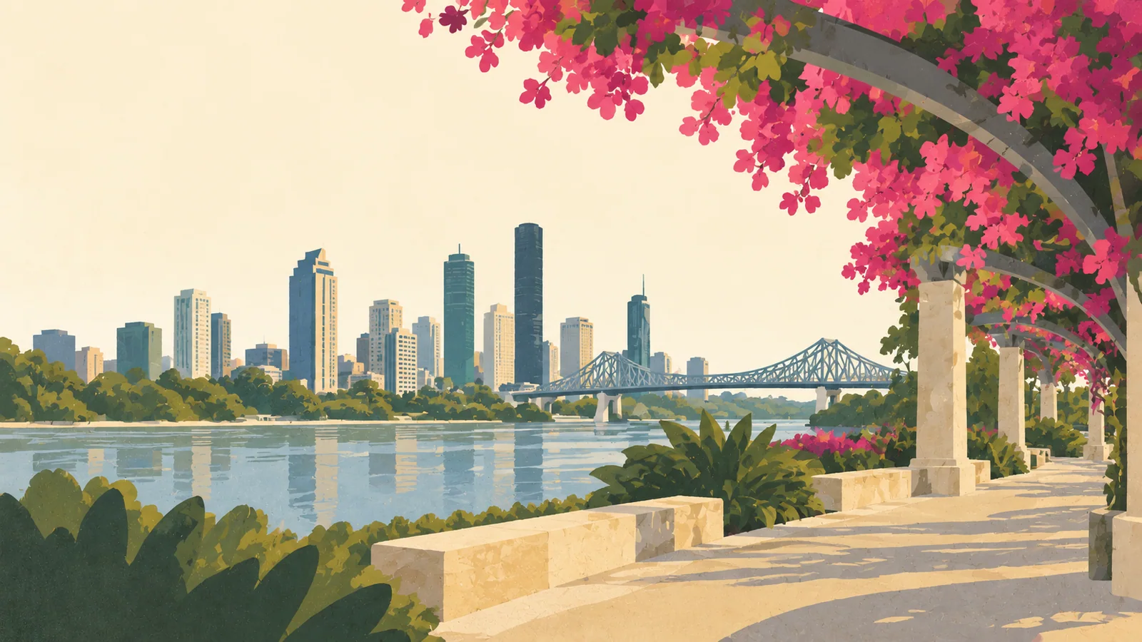 Flat gouache illustration of Brisbane: Under the flowering bougainvillea arbour at South Bank, curved magenta flower masses overhead and a broad walking path.