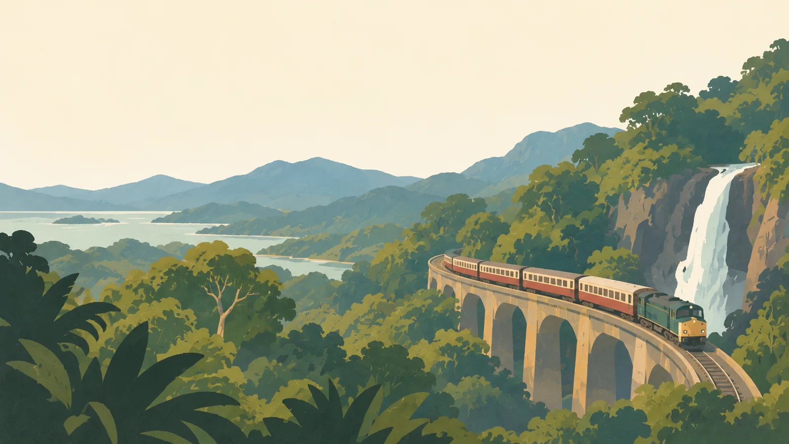 Flat gouache illustration of Cairns: The timber Kuranda Scenic Railway crossing a curved tropical gorge viaduct beside a waterfall.