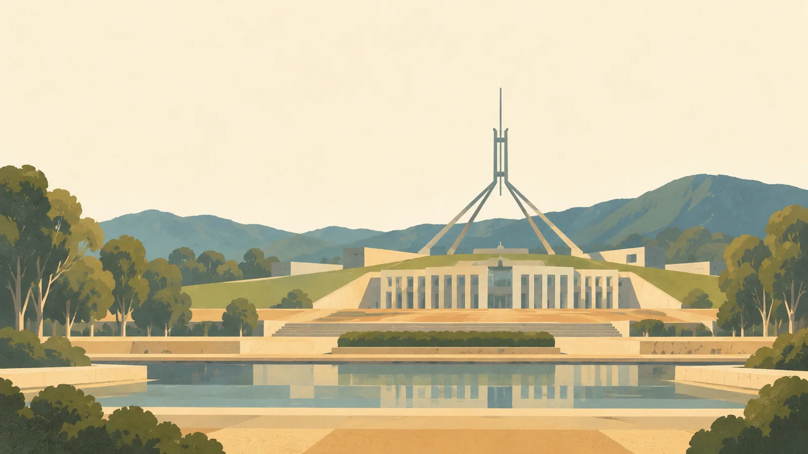 Flat gouache illustration of Canberra: Parliament House's distinctive flag mast rising from its grass-covered roof, broad geometric forecourt and formal approach.