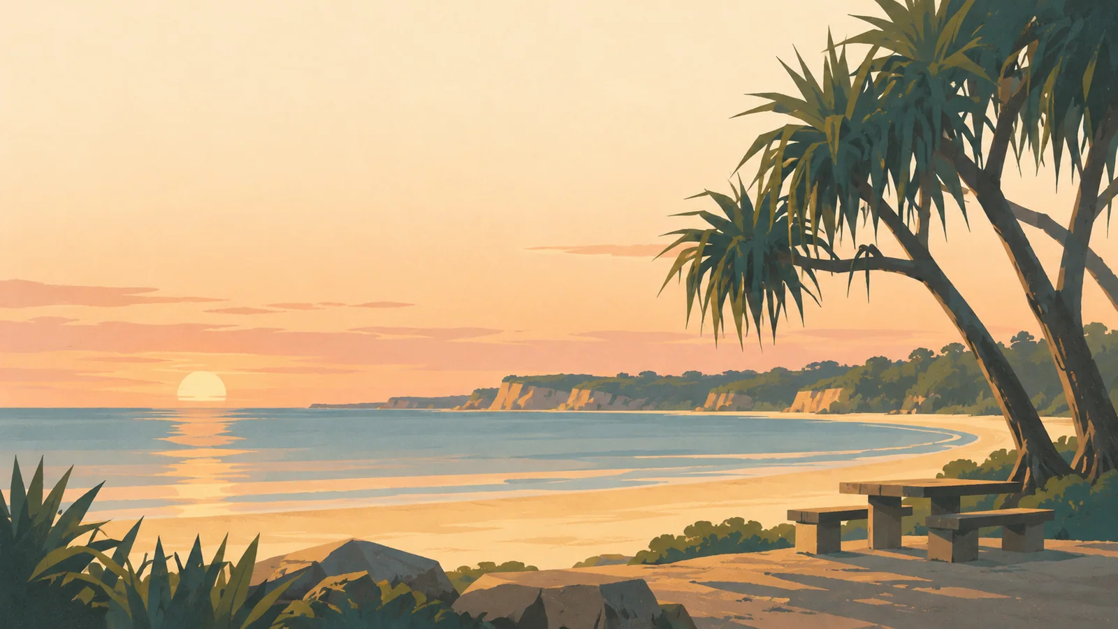 Flat gouache illustration of Darwin: Mindil Beach at a restrained peach sunset with the silhouettes of tropical pandanus and one simple picnic setting.