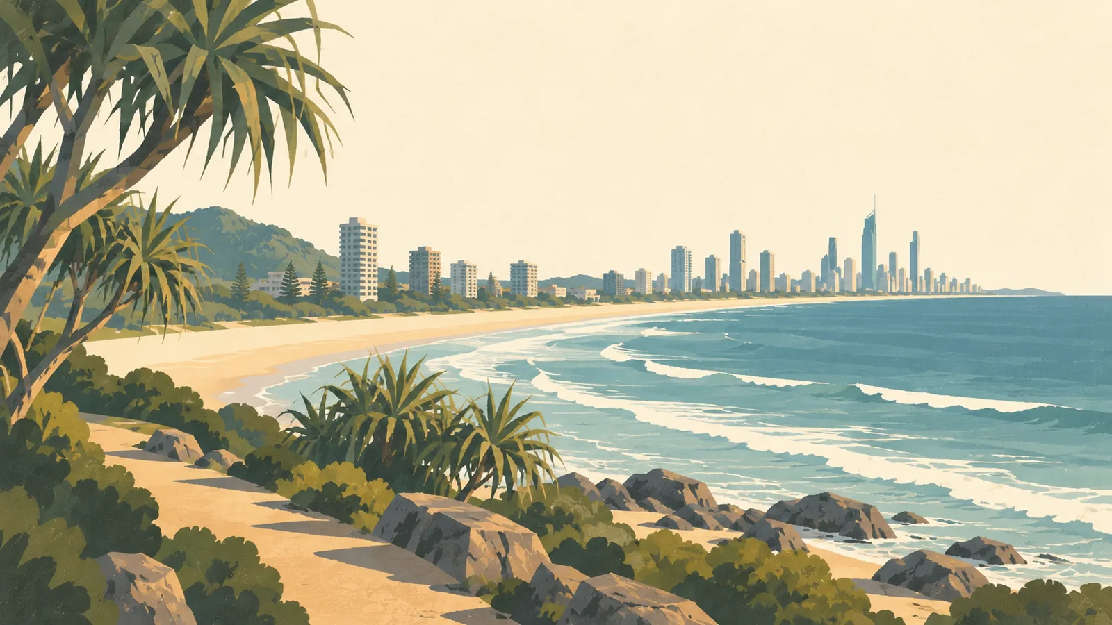 Flat gouache illustration of Gold Coast: Burleigh Head pandanus trees framing a long curving surf beach with distant Gold Coast towers.