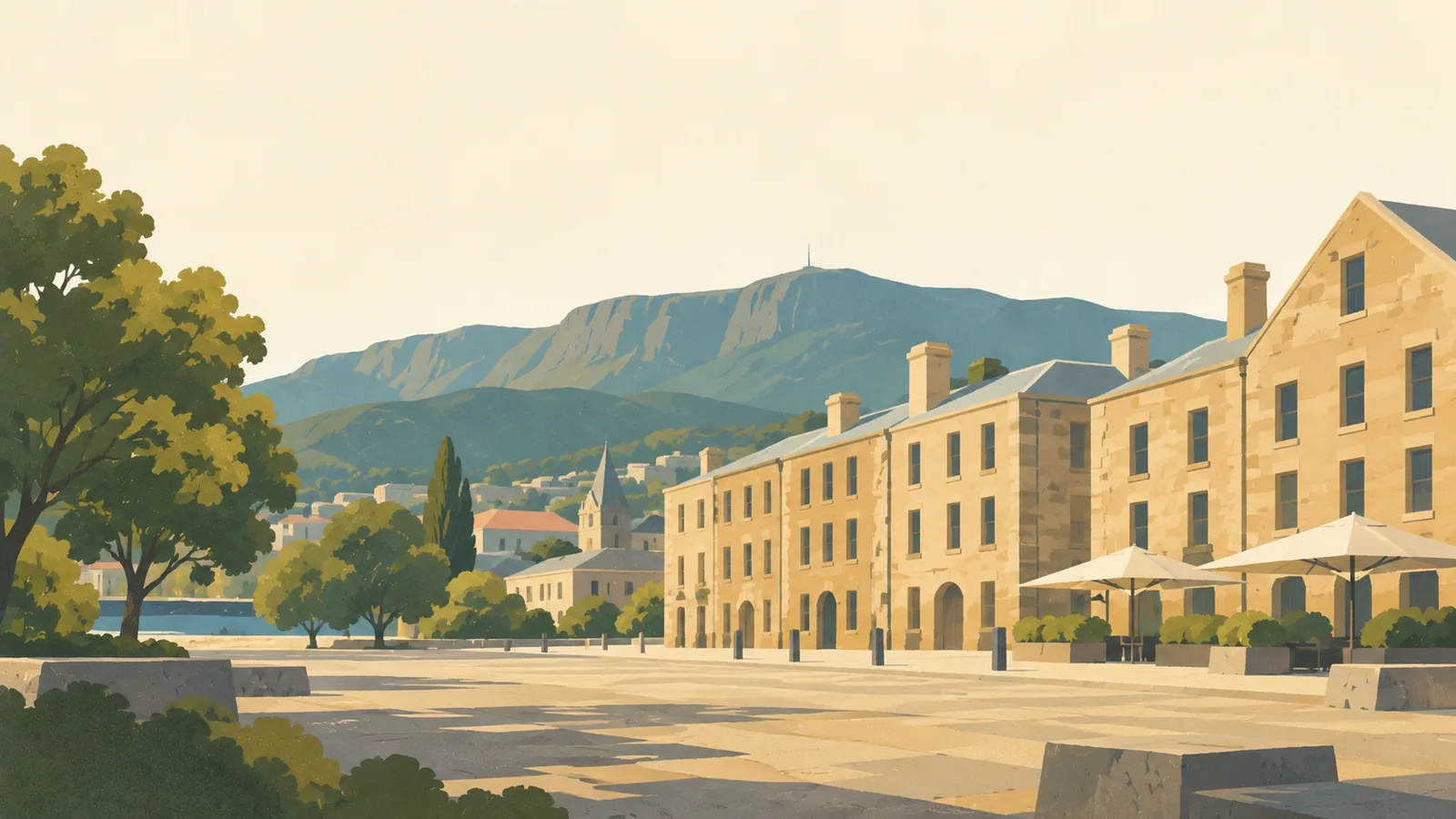 Flat gouache illustration of Hobart: Salamanca's long honey-sandstone Georgian warehouse facades with Mount Wellington as a distant flat silhouette.