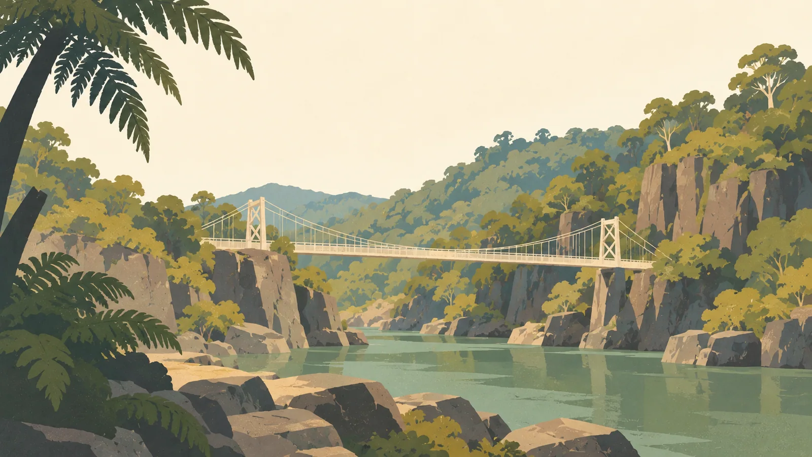 Flat gouache illustration of Launceston: Cataract Gorge's suspension footbridge spanning dark dolerite walls and muted green water.