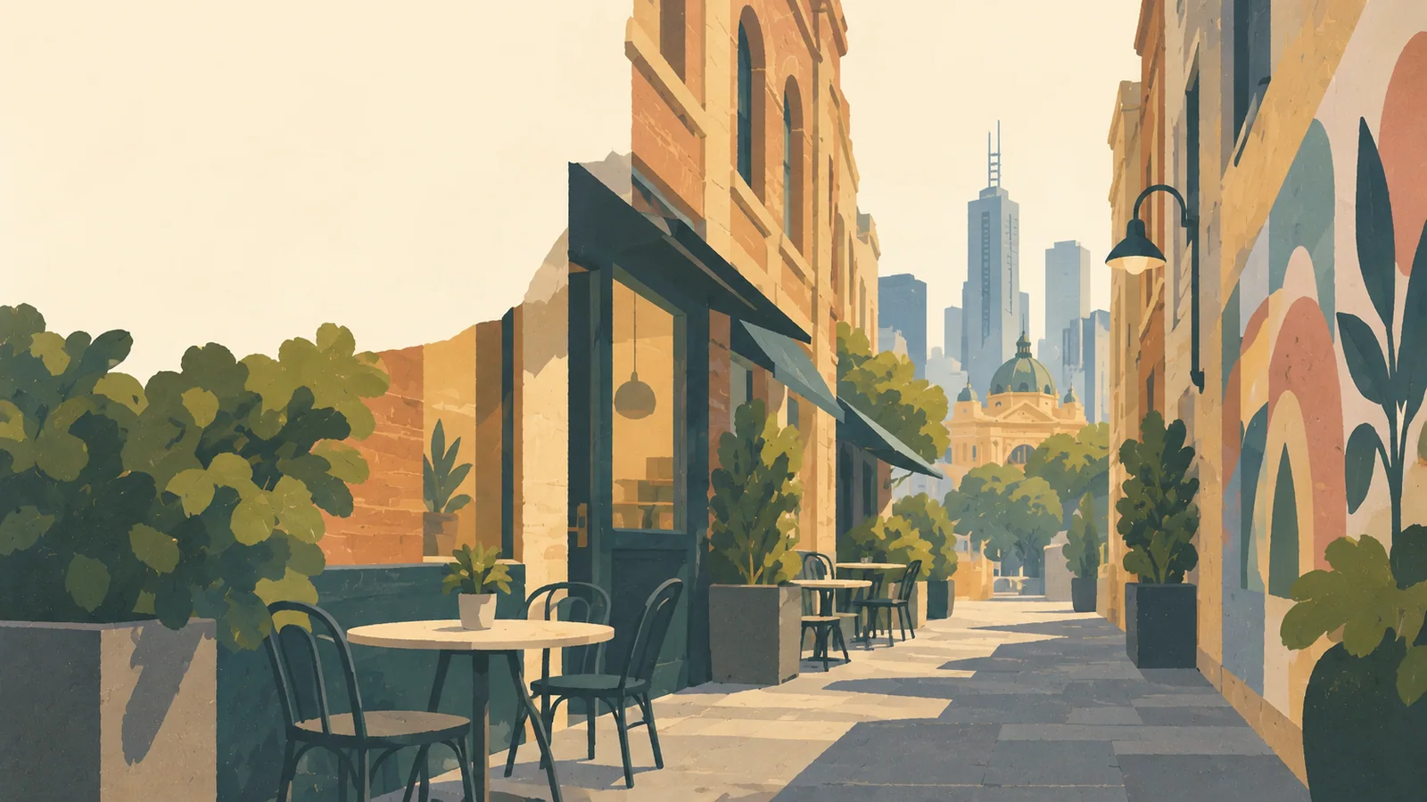 Flat gouache illustration of Melbourne: A narrow Melbourne bluestone coffee laneway with iron café tables, a restrained mural and tall Victorian brick facades.