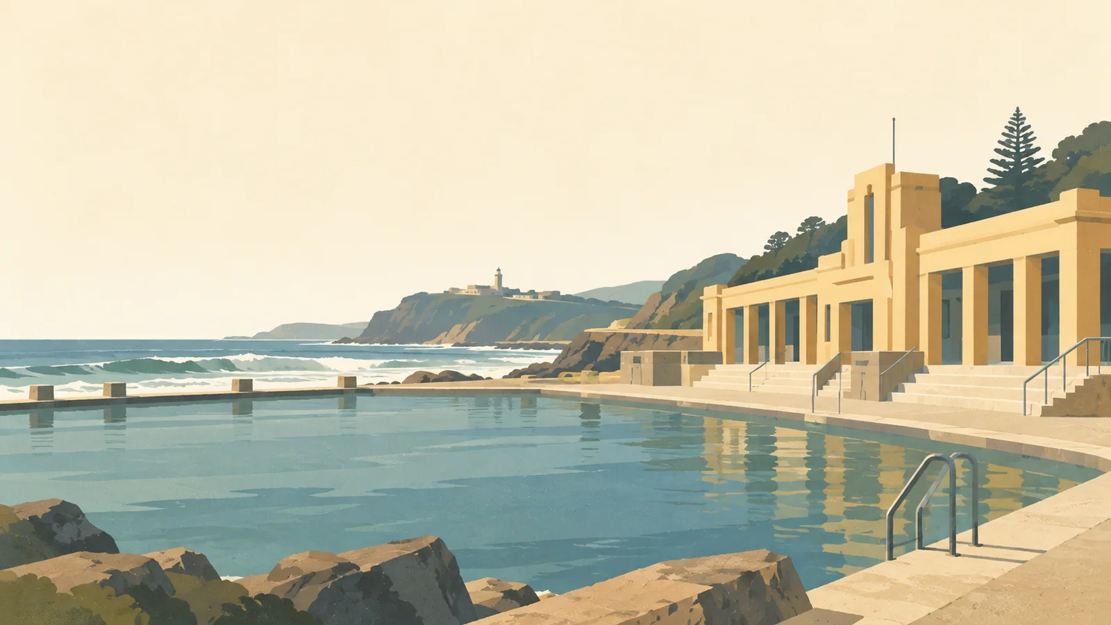 Flat gouache illustration of Newcastle: Newcastle Ocean Baths' distinctive art deco ochre pavilion and rectangular sea pool.