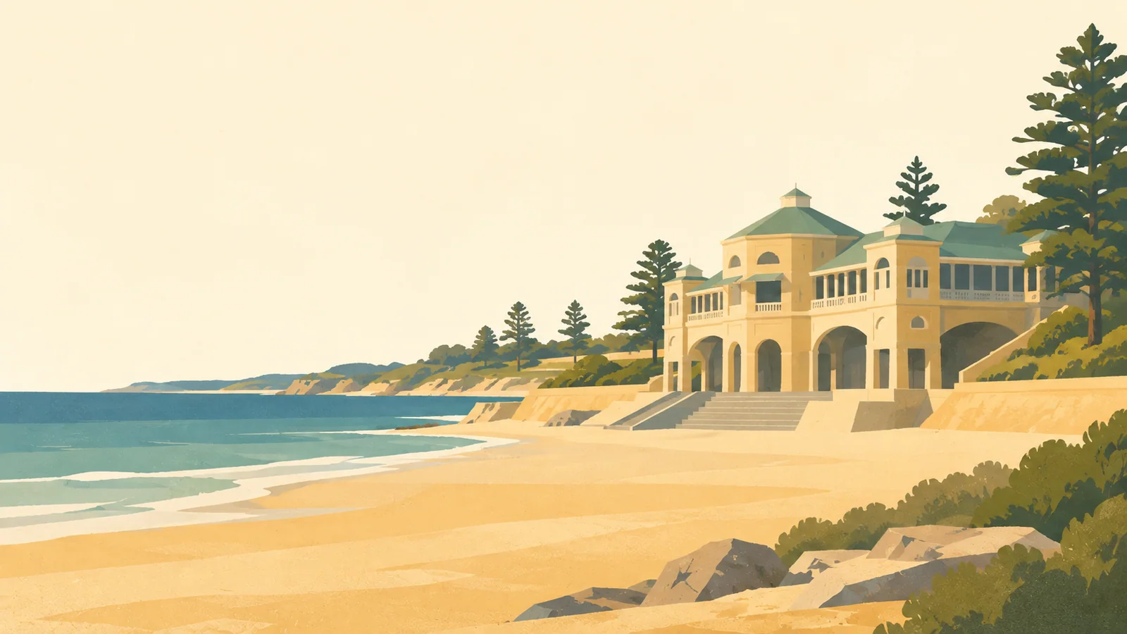 Flat gouache illustration of Perth: Cottesloe's pale stepped beach pavilion above Indian Ocean sand.