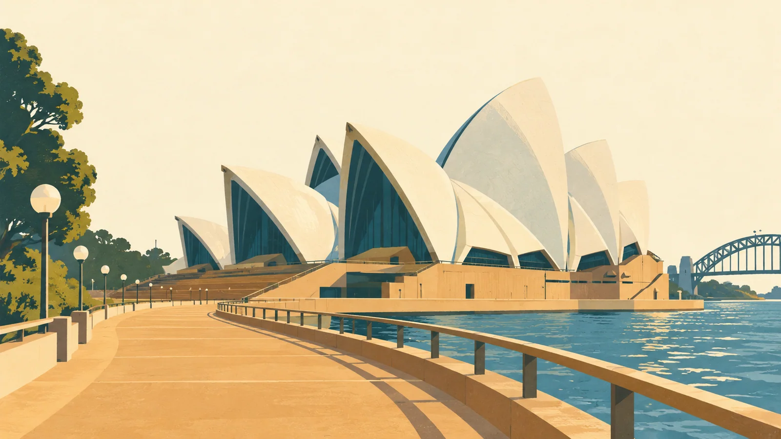 Flat gouache illustration of Sydney: Low pedestrian view of the Sydney Opera House sails from Bennelong Point.