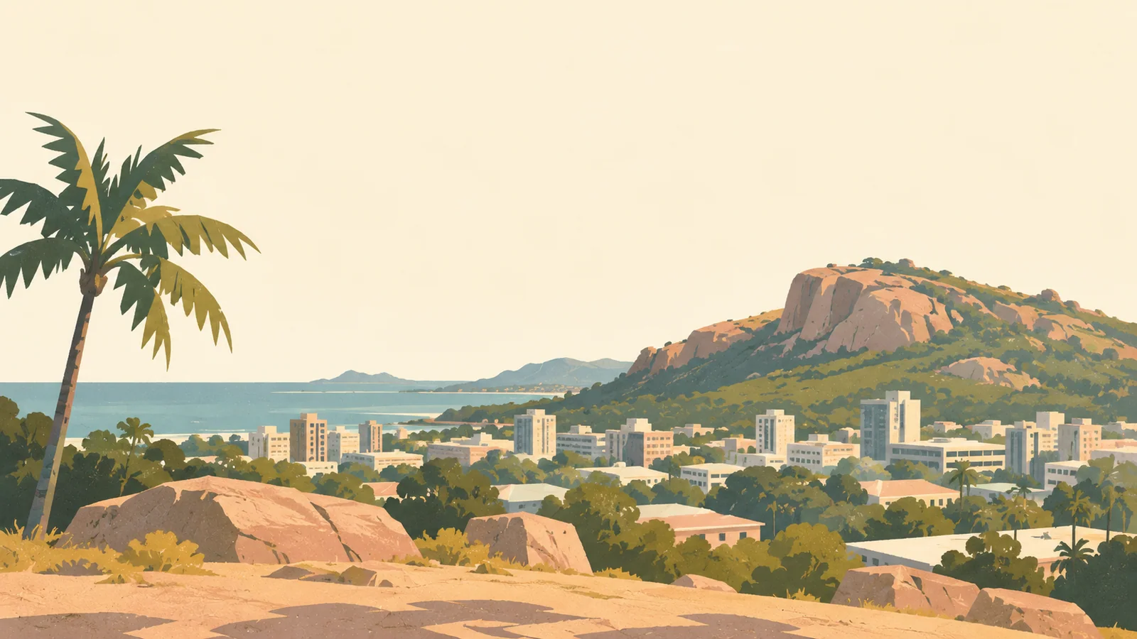 Flat gouache illustration of Townsville: Castle Hill's rounded pink granite mass above a few tropical Townsville roofs.
