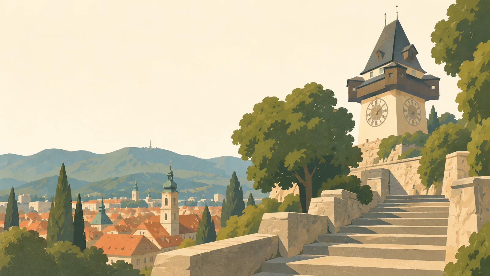Flat gouache illustration of Graz: Graz's Schlossberg clock tower above a broad stone stair and simple chestnut canopies.