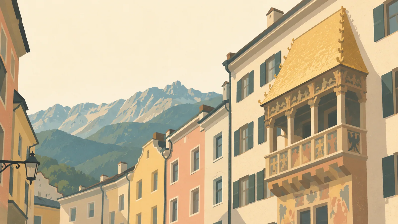 Flat gouache illustration of Innsbruck: Innsbruck's Golden Roof oriel above a quiet old-town lane, broad gilded roof planes and pastel facades.