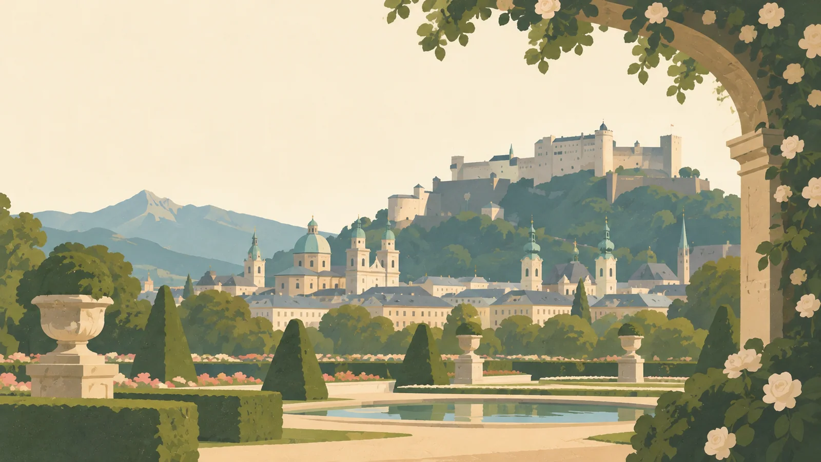 Flat gouache illustration of Salzburg: Salzburg's Hohensalzburg fortress above pale old-town roofs seen through a Mirabell garden arch.