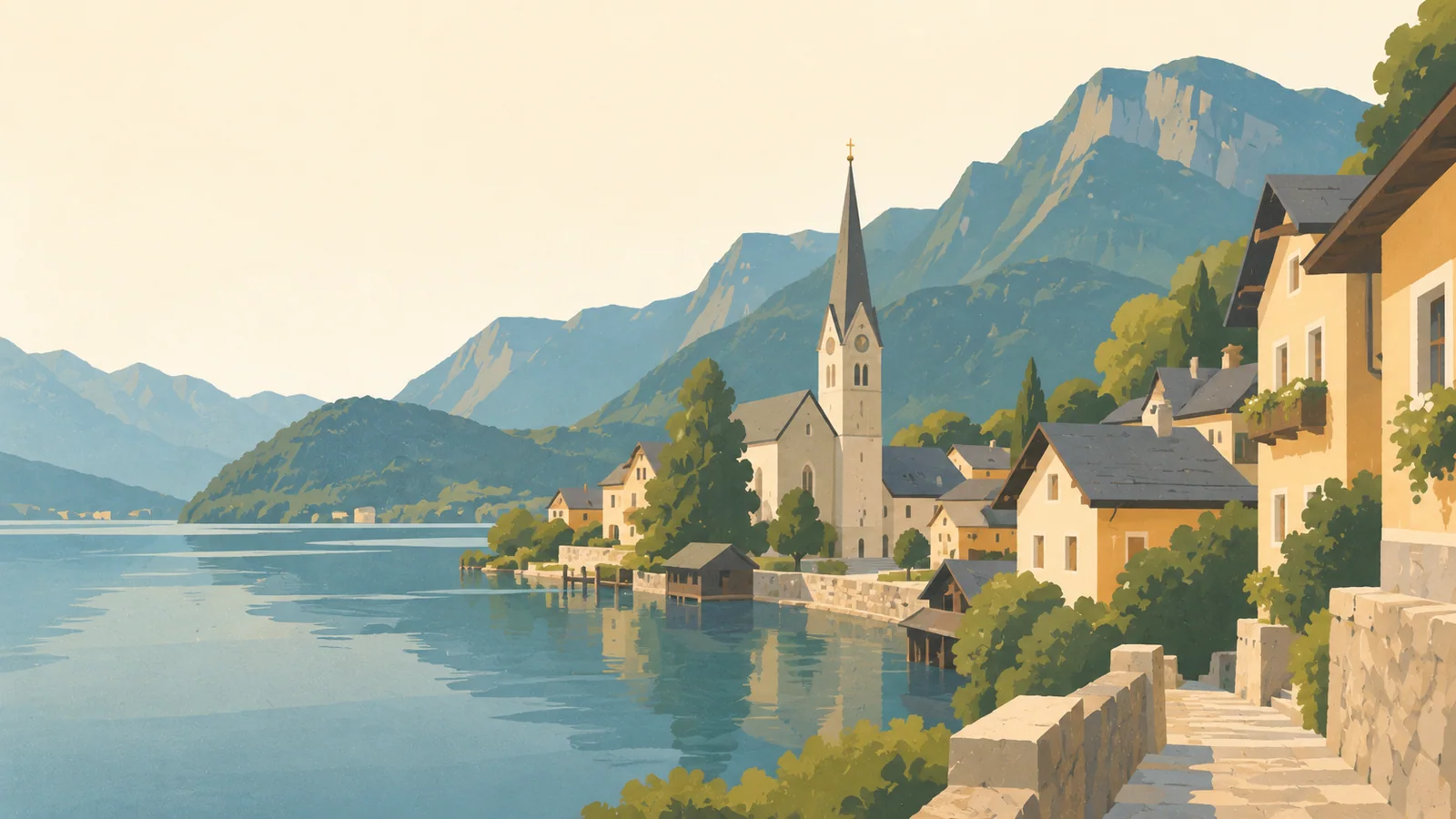 Flat gouache illustration of Salzkammergut: Hallstatt's narrow ochre lakeside house facades and church spire, viewed from a small stone stair above the shore.