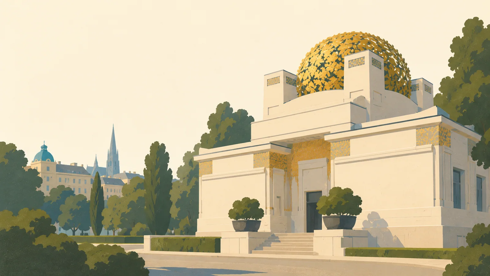 Flat gouache illustration of Vienna: Vienna's Secession building with its distinctive golden leaf dome and simple ivory facade.