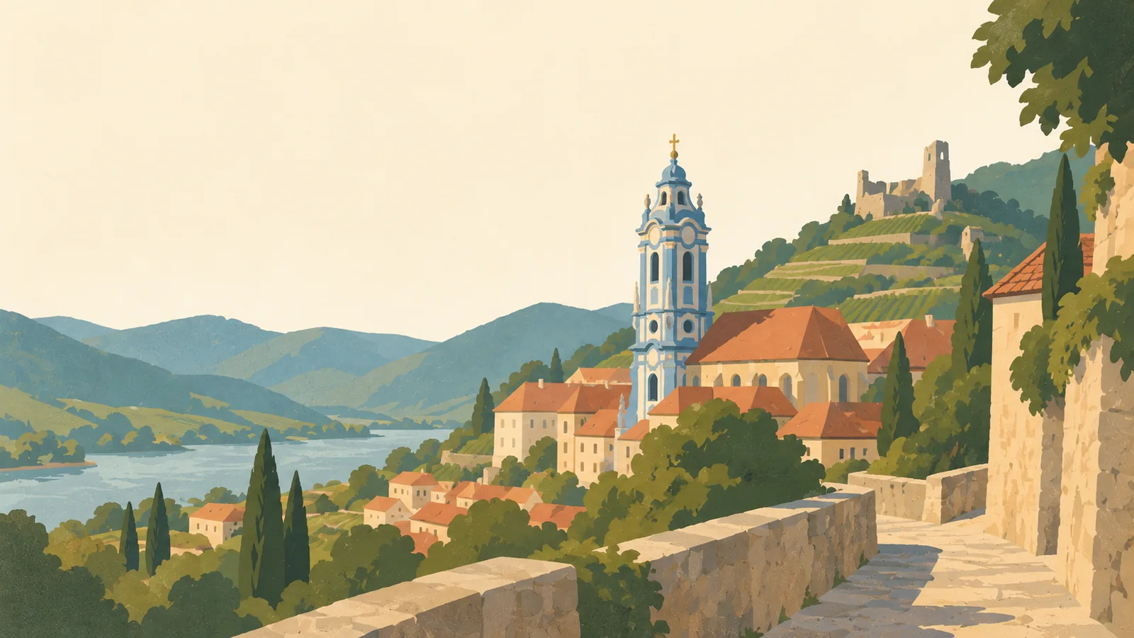 Flat gouache illustration of Wachau: Dürnstein's blue-and-ivory abbey tower rising from a compact ochre village beside terraced vines.