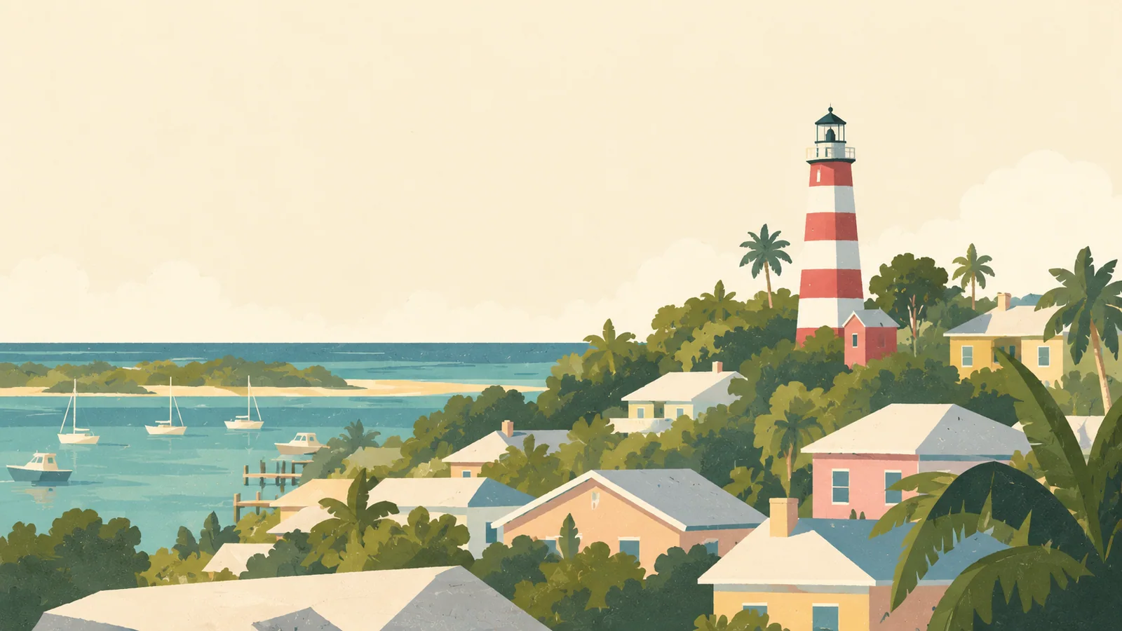 Flat gouache illustration of The Abacos: Hope Town's distinctive red-and-white striped lighthouse above low pastel houses.