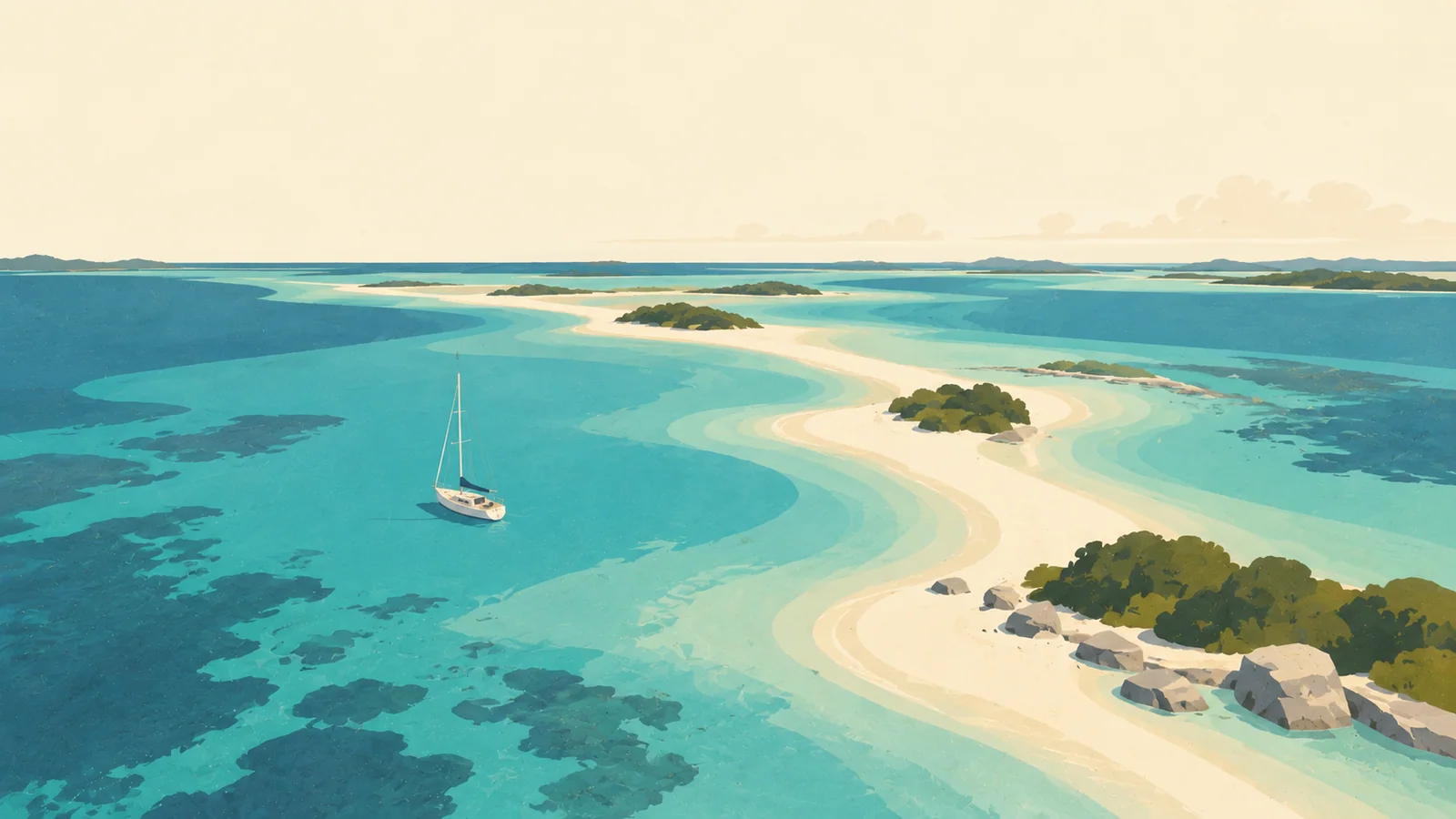 Flat gouache illustration of The Exumas: A tiny cream sandbar winding diagonally through the Exumas' broad turquoise shallows with one modest anchored sailing boat.