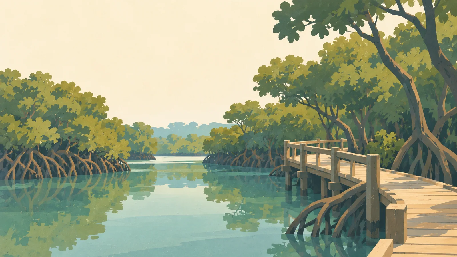 Flat gouache illustration of Grand Bahama: Lucayan National Park's still mangrove creek with broad root silhouettes and a simple wooden boardwalk.