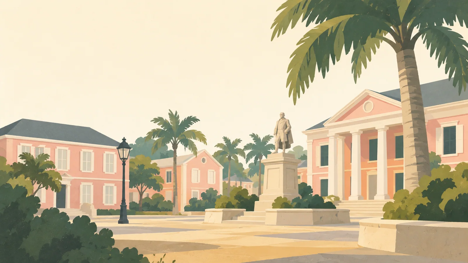 Flat gouache illustration of Nassau & New Providence: Nassau's pink Parliament Square facades with white shutters beneath one broad royal palm.