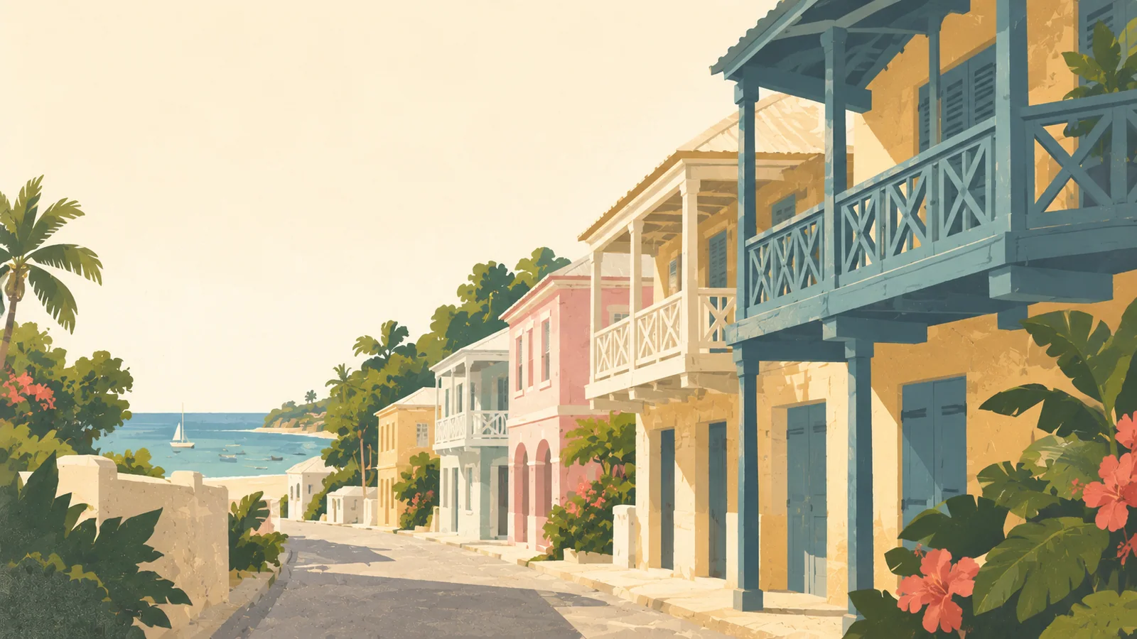 Flat gouache illustration of Speightstown & the north: Speightstown's traditional upstairs wooden balconies and pastel shopfronts on a quiet narrow street.