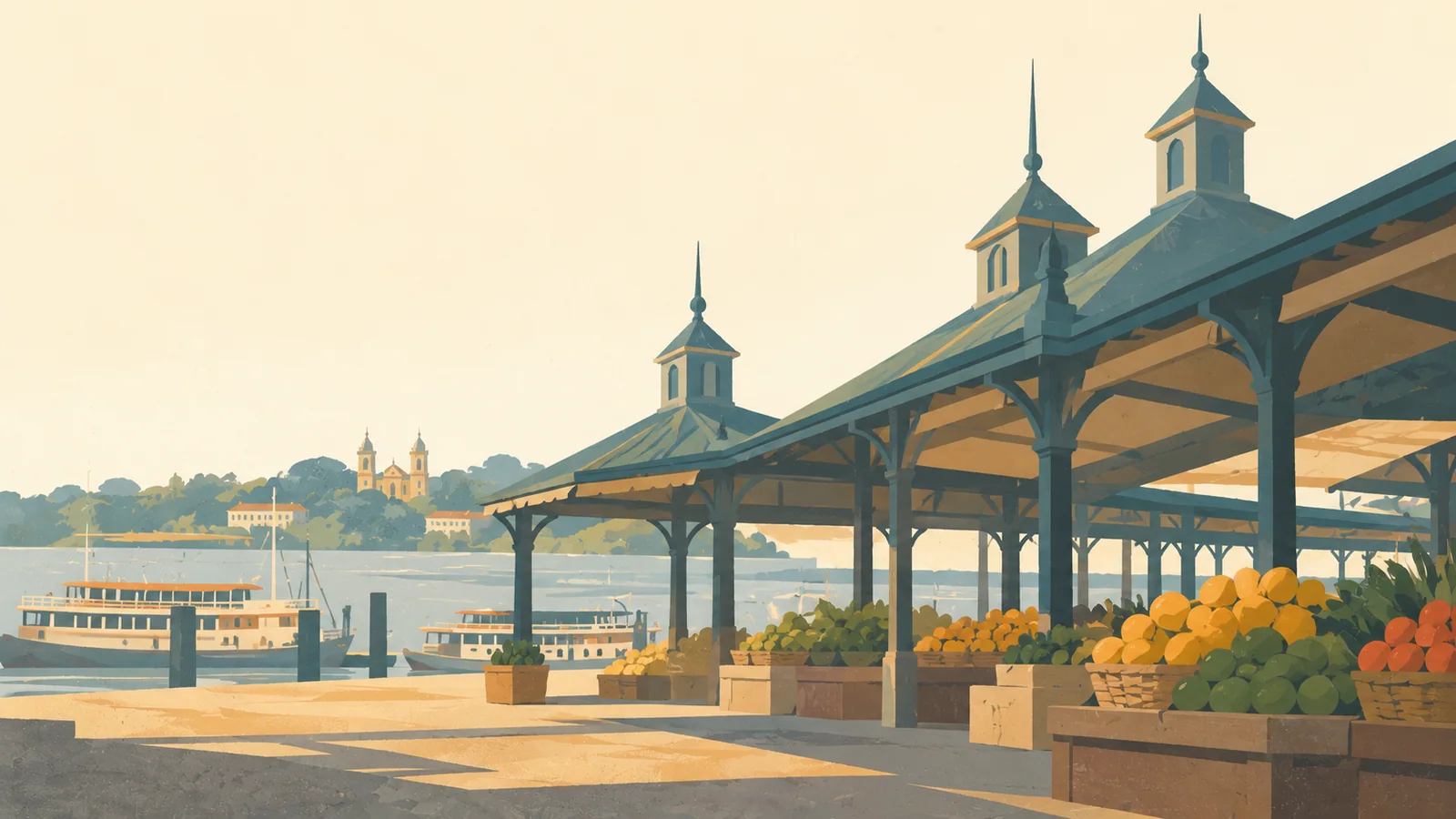 Flat gouache illustration of Belém: Belém's Ver-o-Peso market iron pavilions and deep teal roofs above a few simple fruit baskets, humid river light at the back.