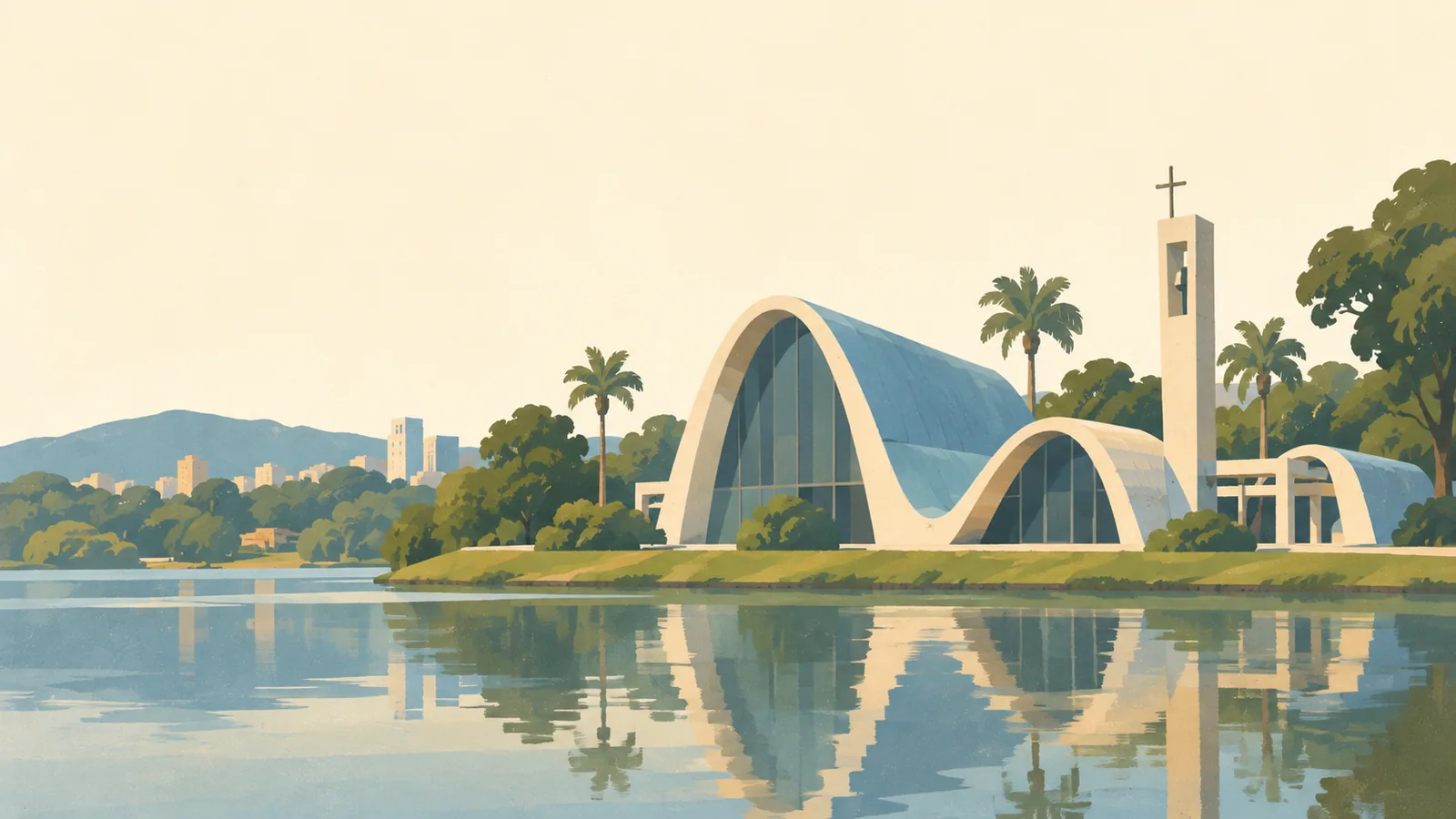 Flat gouache illustration of Belo Horizonte: Pampulha's São Francisco de Assis church with its unmistakable curved blue-and-white roof shells beside a quiet reflecting lake.