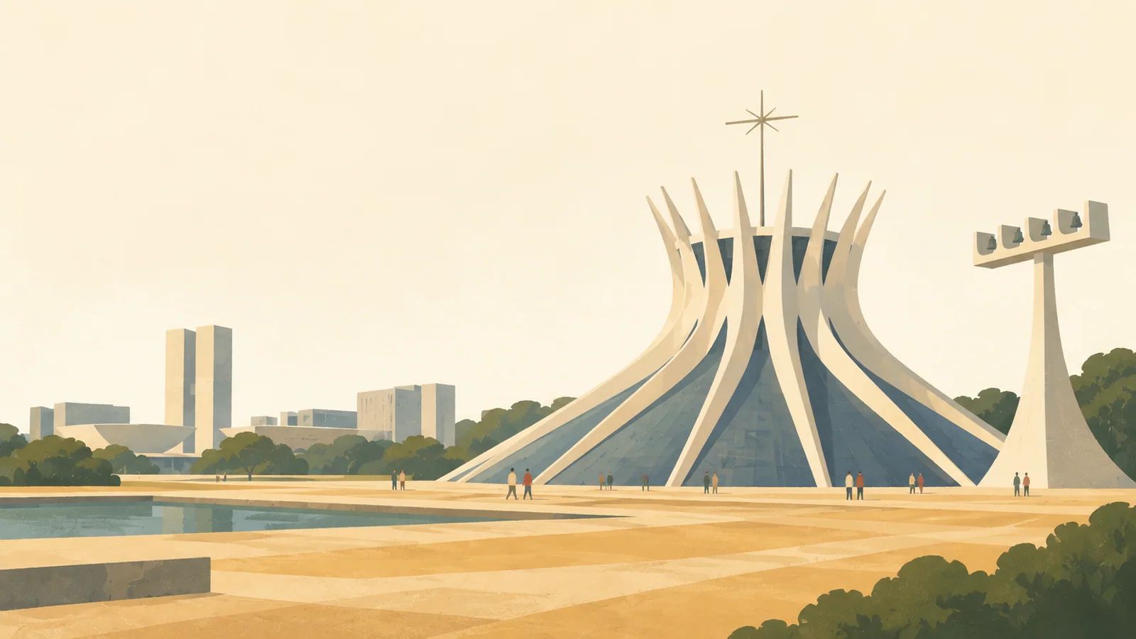 Flat gouache illustration of Brasília: Brasília's Cathedral rising as white curved ribs from a broad ochre plaza, tiny visitors and open pale sky.