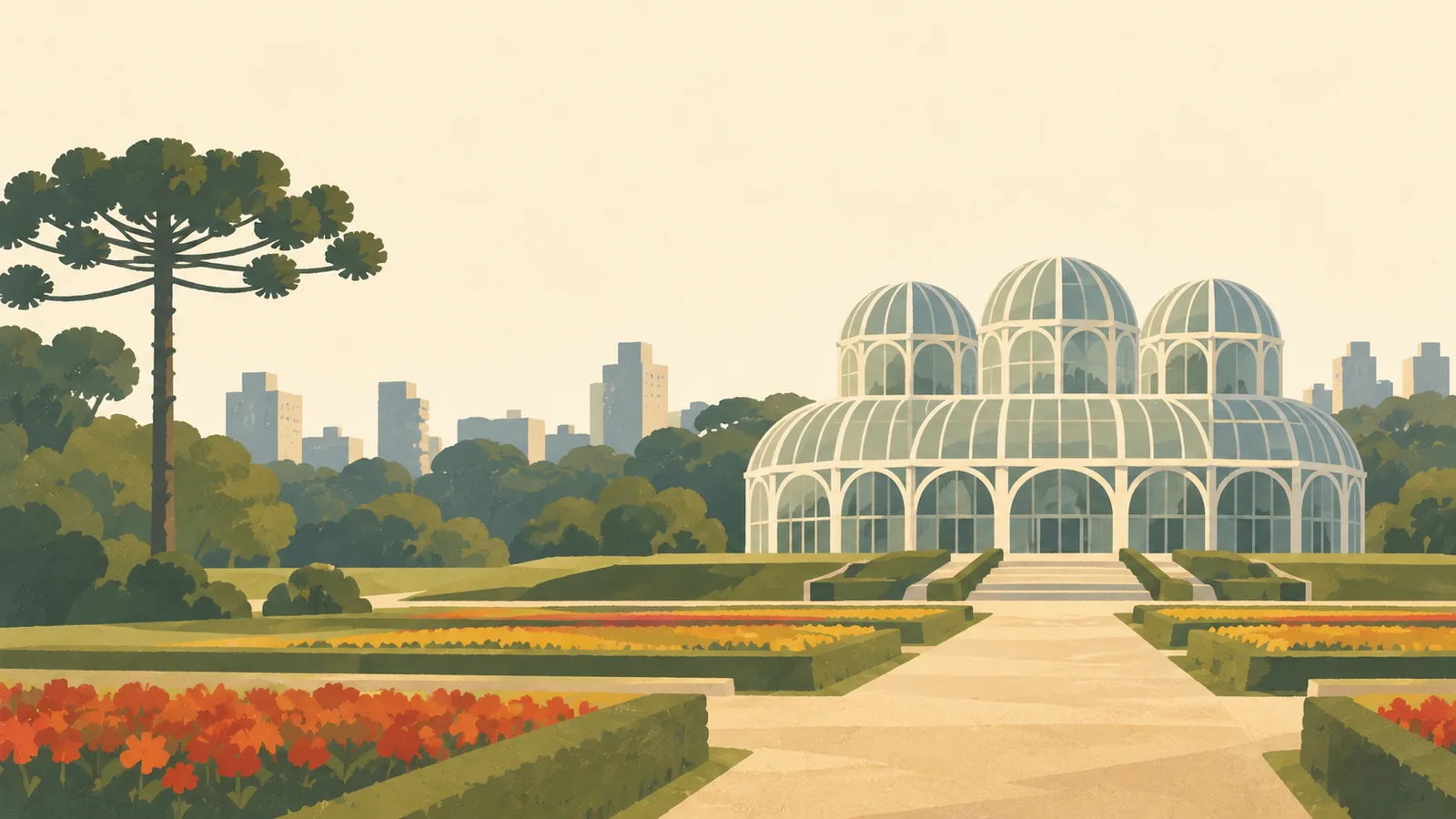 Flat gouache illustration of Curitiba: Curitiba's botanical garden glass conservatory rendered as a few broad pale arches beyond geometric flower beds.