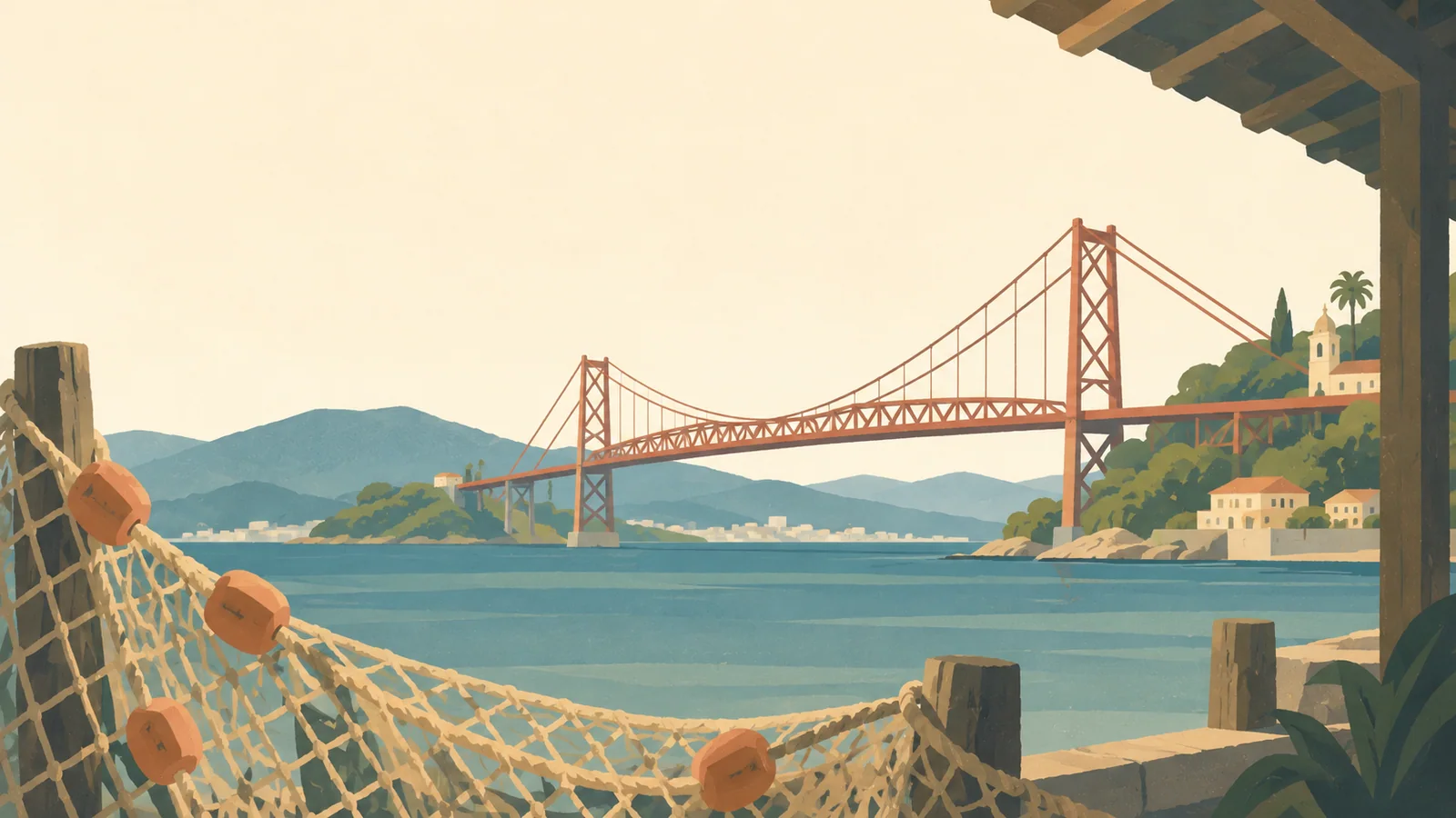 Flat gouache illustration of Florianópolis & Santa Catarina: Florianópolis' long red Hercílio Luz suspension bridge seen through a foreground fishing-net frame on the island shore.