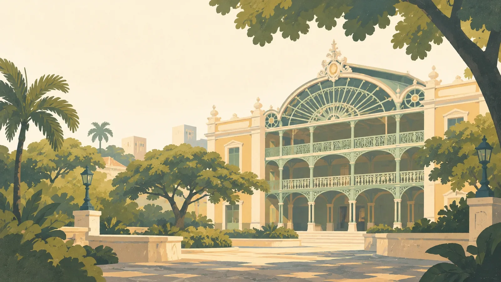 Flat gouache illustration of Fortaleza: Fortaleza's ornate white Theatro José de Alencar iron arcade opening onto a shaded garden courtyard, pale mint and ochre planes.