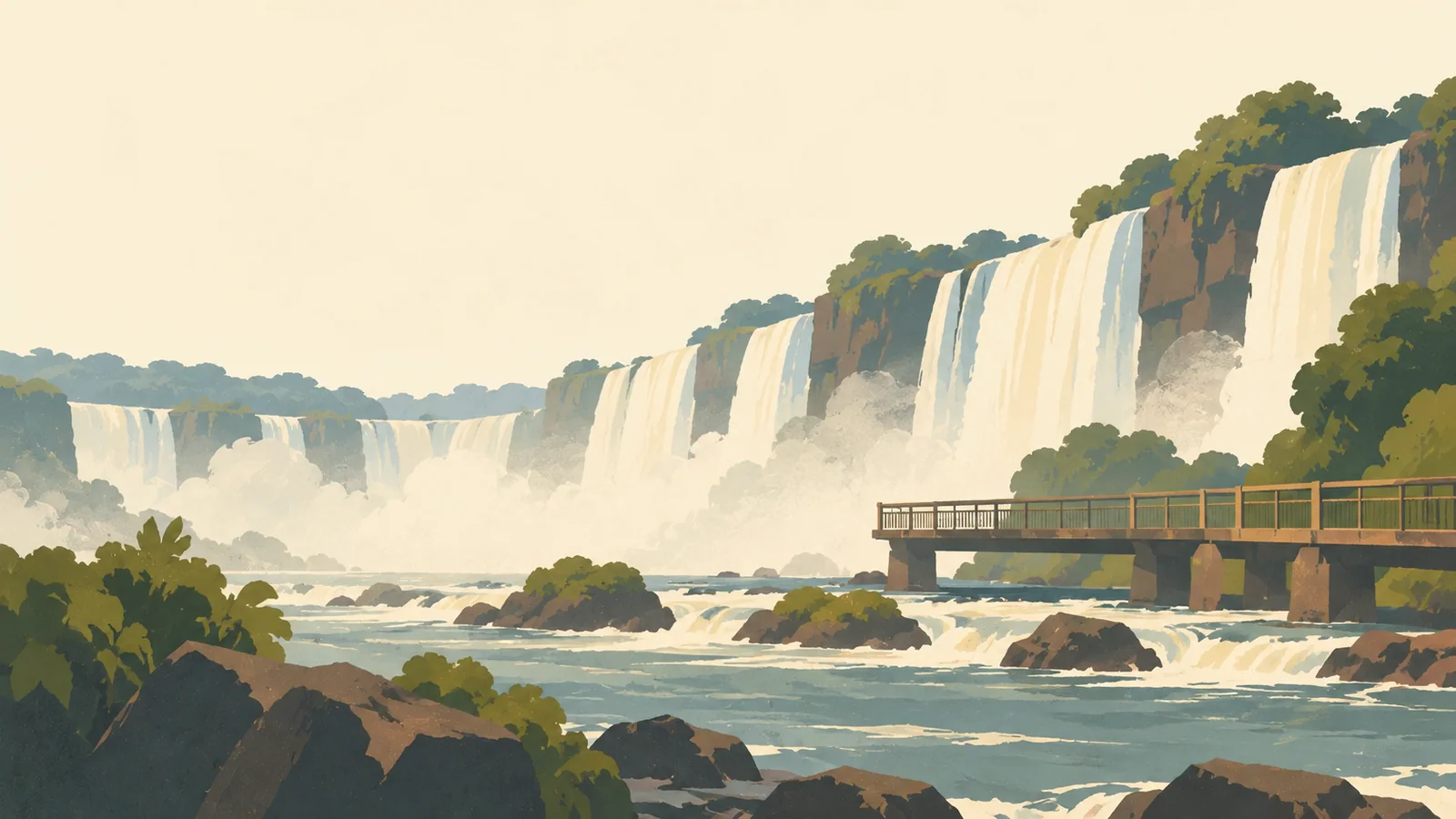 Flat gouache illustration of Foz do Iguaçu: Brazilian Iguacu Falls walkway approaching a low cascade through the vast stepped waterfall amphitheatre.