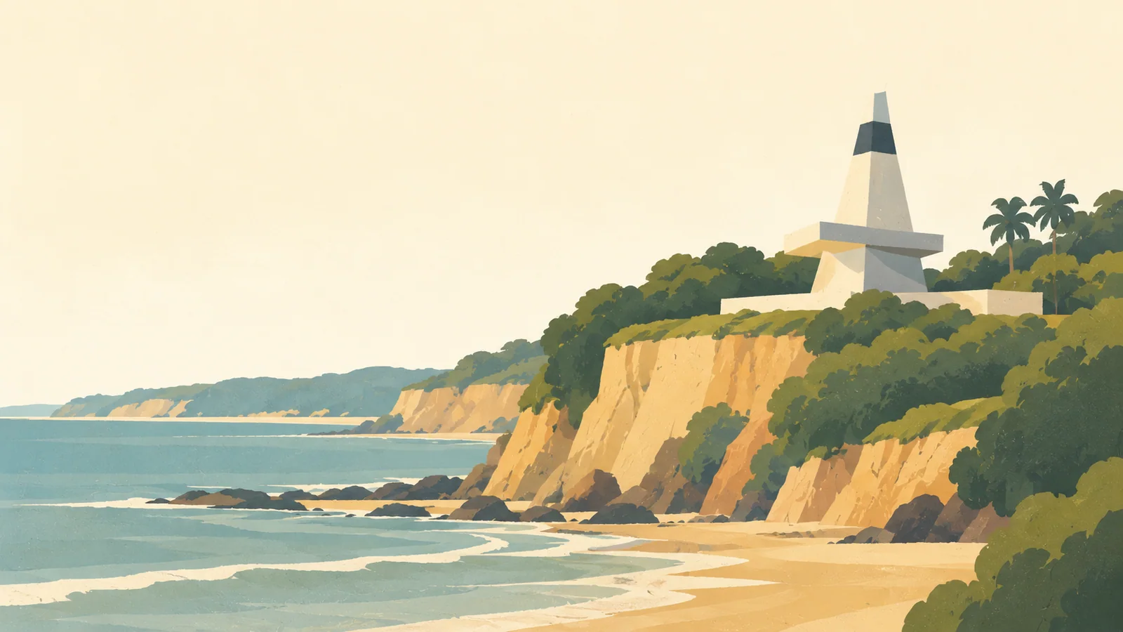 Flat gouache illustration of João Pessoa: João Pessoa's Cabo Branco lighthouse with its distinctive triangular white concrete form above ochre coastal cliffs and large green masses.