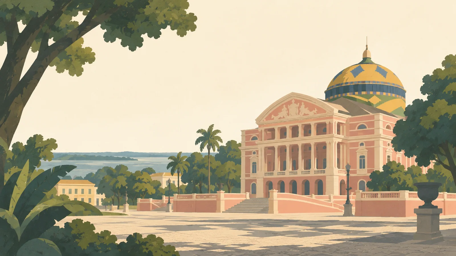 Flat gouache illustration of Manaus & the central Amazon: Manaus Teatro Amazonas' patterned dome and warm pink neoclassical facade across its paved square, framed by large tropical tree masses.