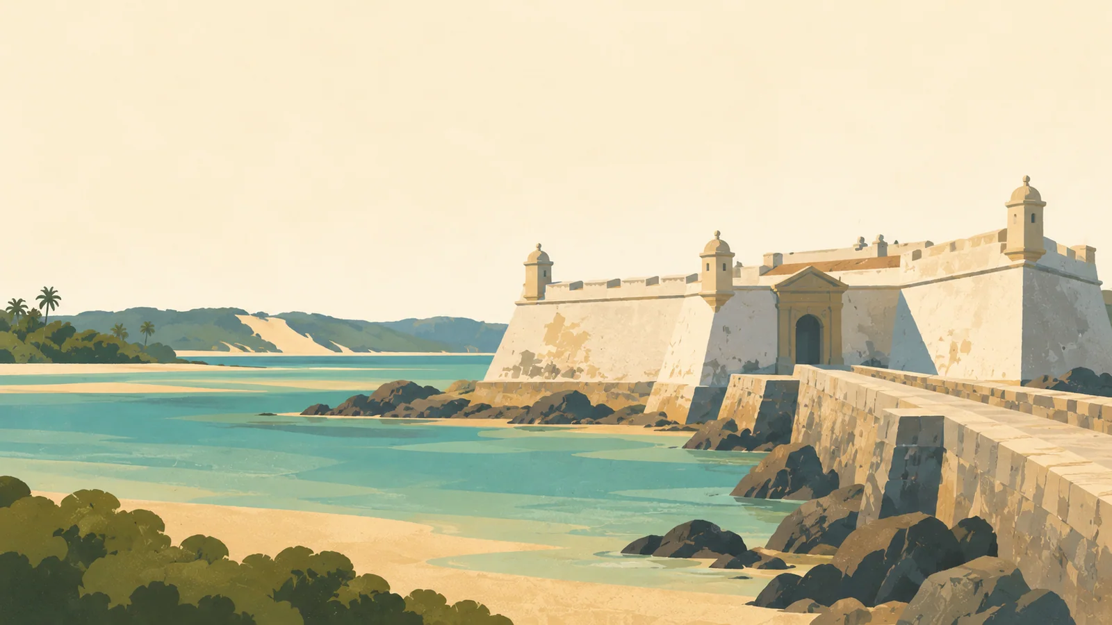 Flat gouache illustration of Natal: Natal's Forte dos Reis Magos white angular ramparts above a shallow turquoise estuary, seen from the approach causeway.