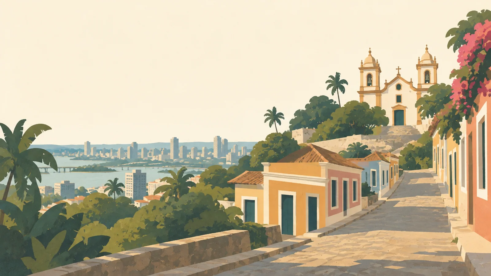 Flat gouache illustration of Olinda: A steep Olinda lane of brightly painted low houses ascending toward a white baroque church, broad tropical foliage and a distant Recife skyline.