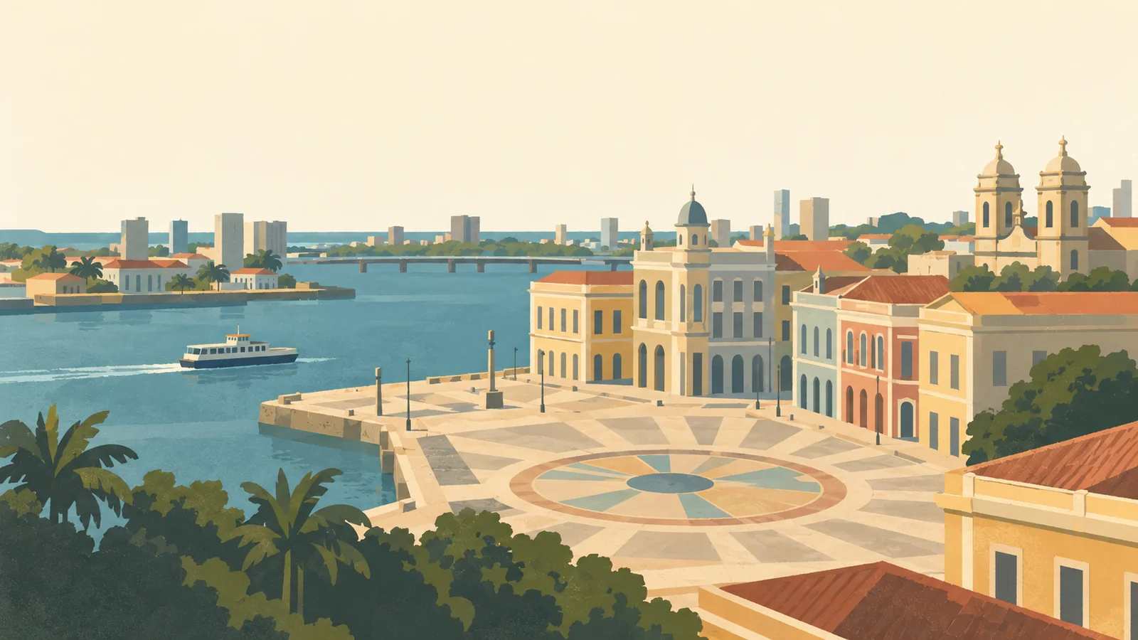 Flat gouache illustration of Recife: Recife Antigo's Marco Zero waterfront square with coloured merchant facades, a broad geometric paving fan and one small ferry at the far edge.