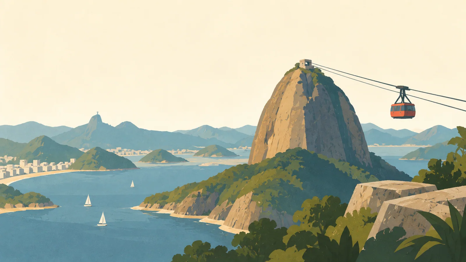 Flat gouache illustration of Rio de Janeiro: Sugarloaf's rounded granite cone rising behind a small red cable car crossing the open sky, viewed from Morro da Urca.