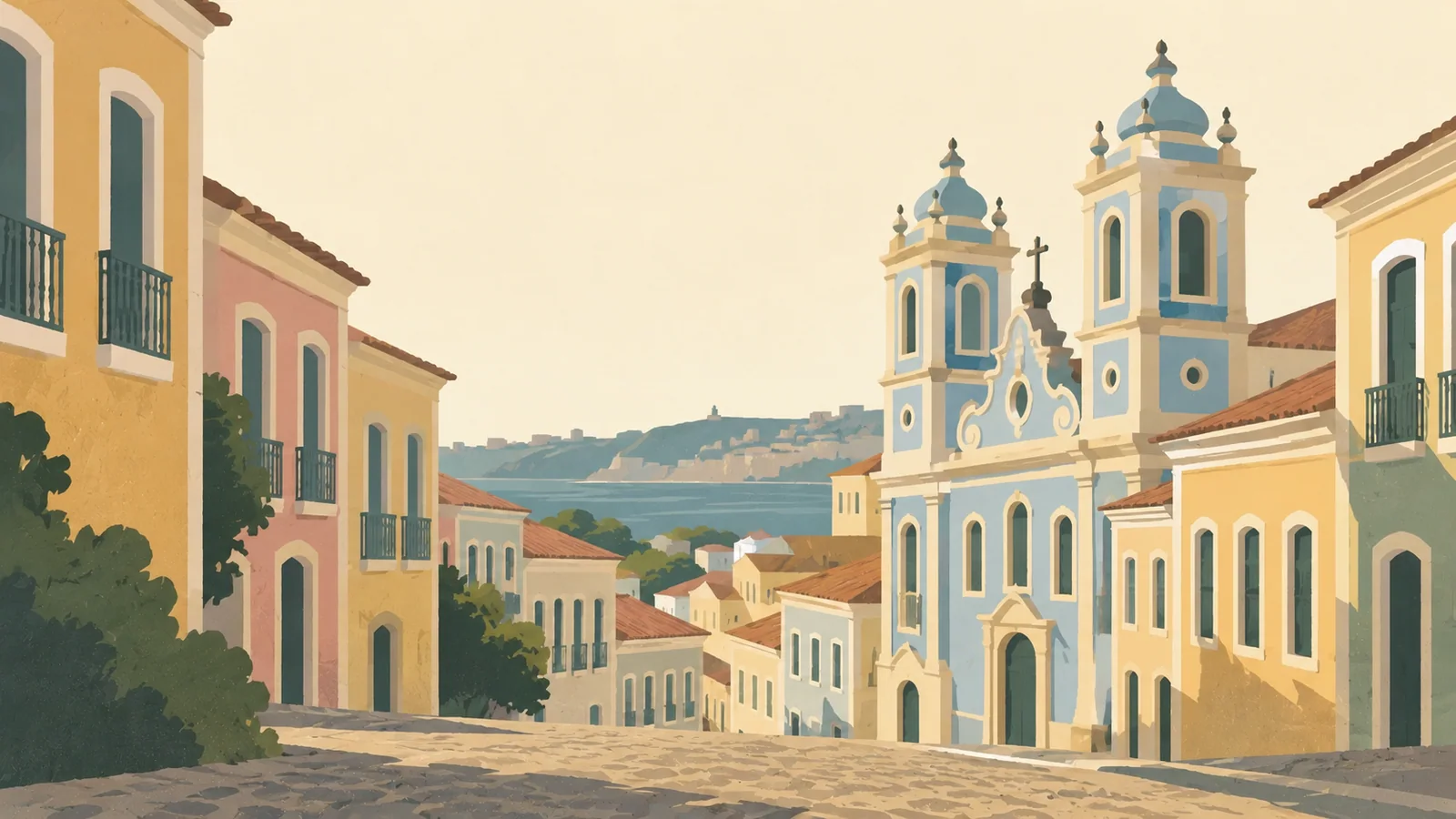 Flat gouache illustration of Salvador & Bahia: Pelourinho's steep cobbled lane between pastel colonial facades and the blue twin-towered Rosário dos Pretos church.
